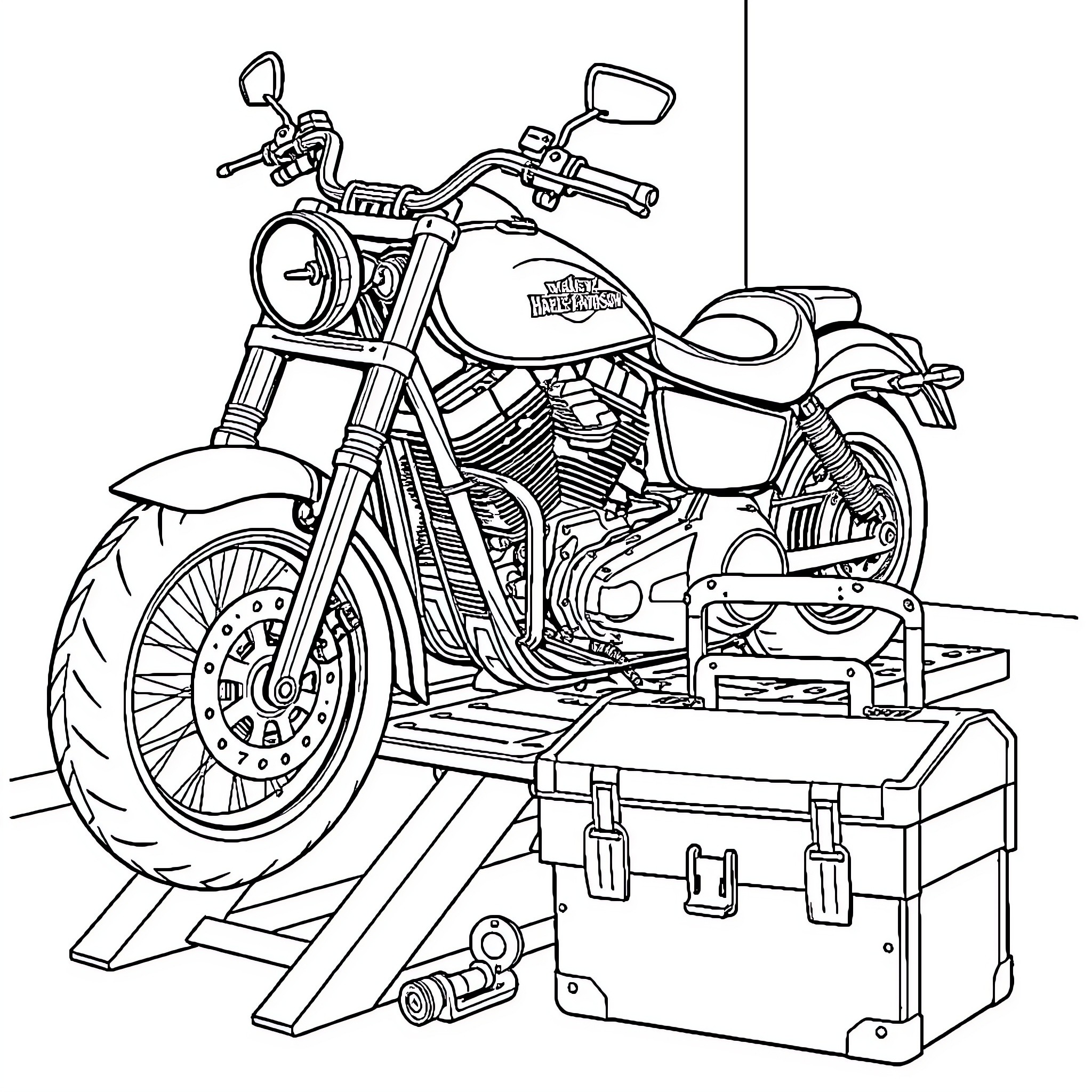 Motorcycle repair and maintenance equipment Coloring Page (free black-and-white line drawing printable PDF for all, from beginners to advanced learners, including children, teens, adults, and seniors)