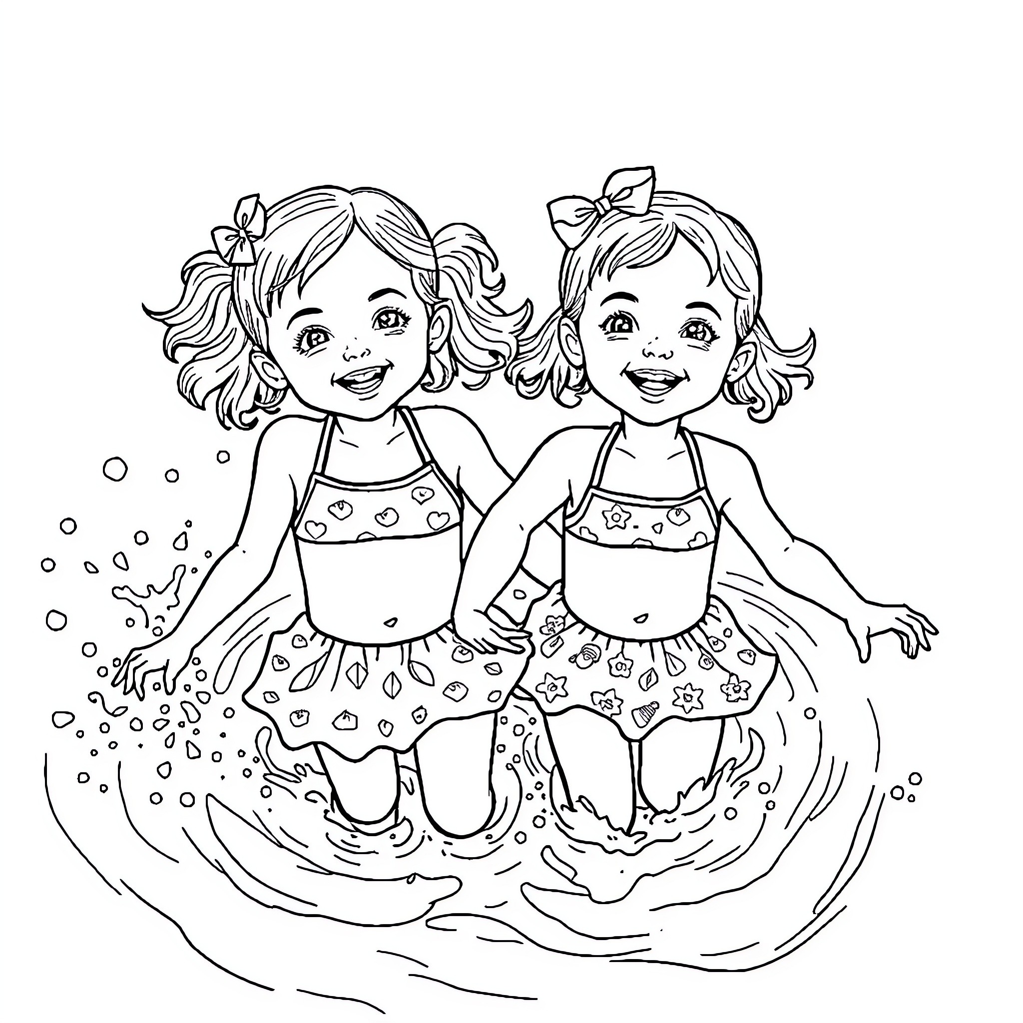 Sisters Playfully Splashing in the Water Coloring Page (free black-and-white line drawing printable PDF for all, from beginners to advanced learners, including children, teens, adults, and seniors)