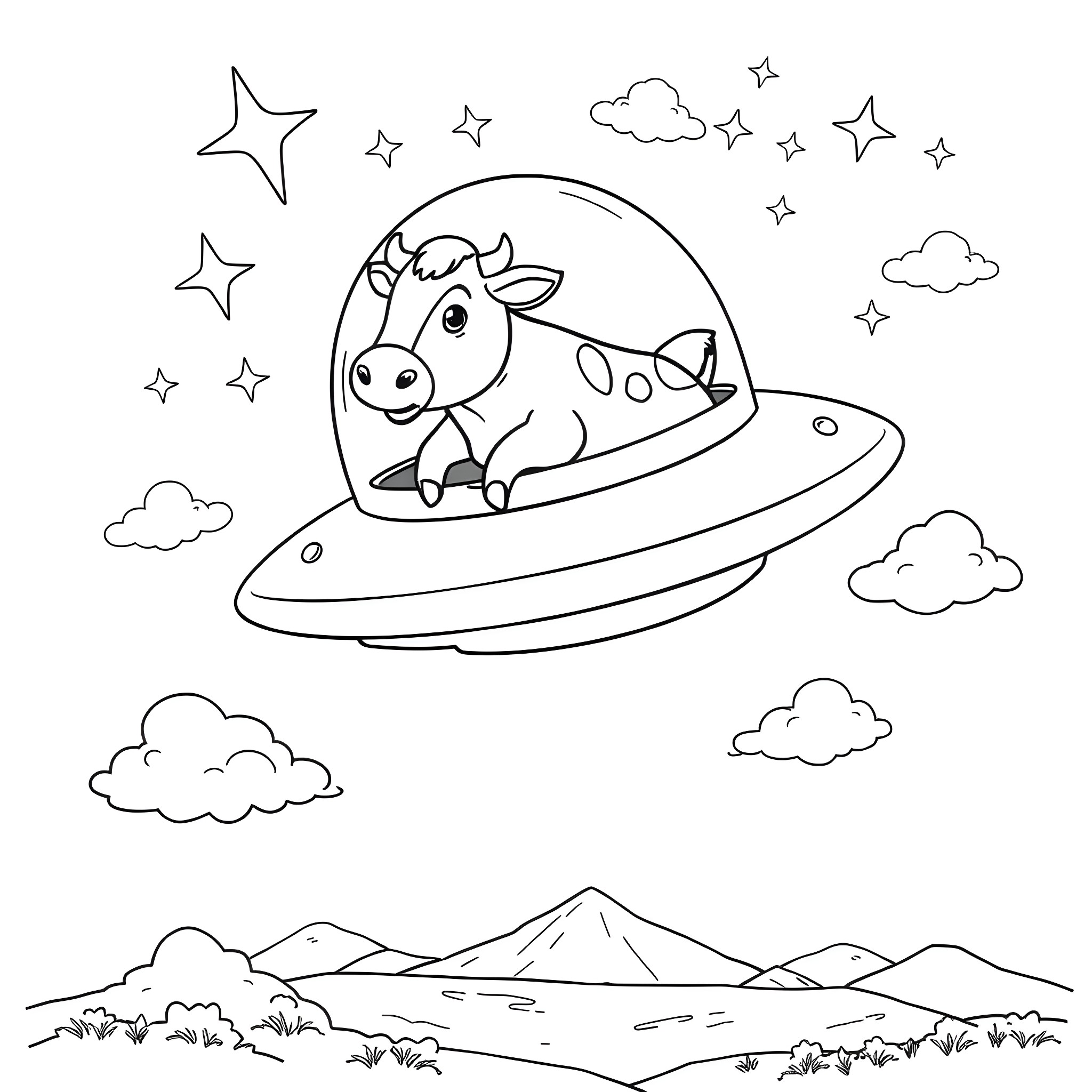 Cow riding a UFO through the starry sky Coloring Page (free black-and-white line drawing printable PDF for all, from beginners to advanced learners, including children, teens, adults, and seniors)