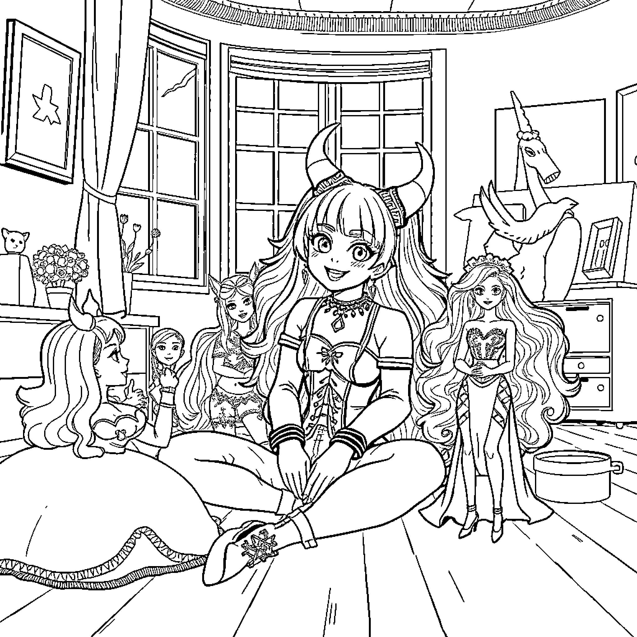 Rumi's Cozy Nook: Anime-style Character in a Whimsical Scene Coloring Page (free black-and-white line drawing printable PDF for all, from beginners to advanced learners, including children, teens, adults, and seniors)