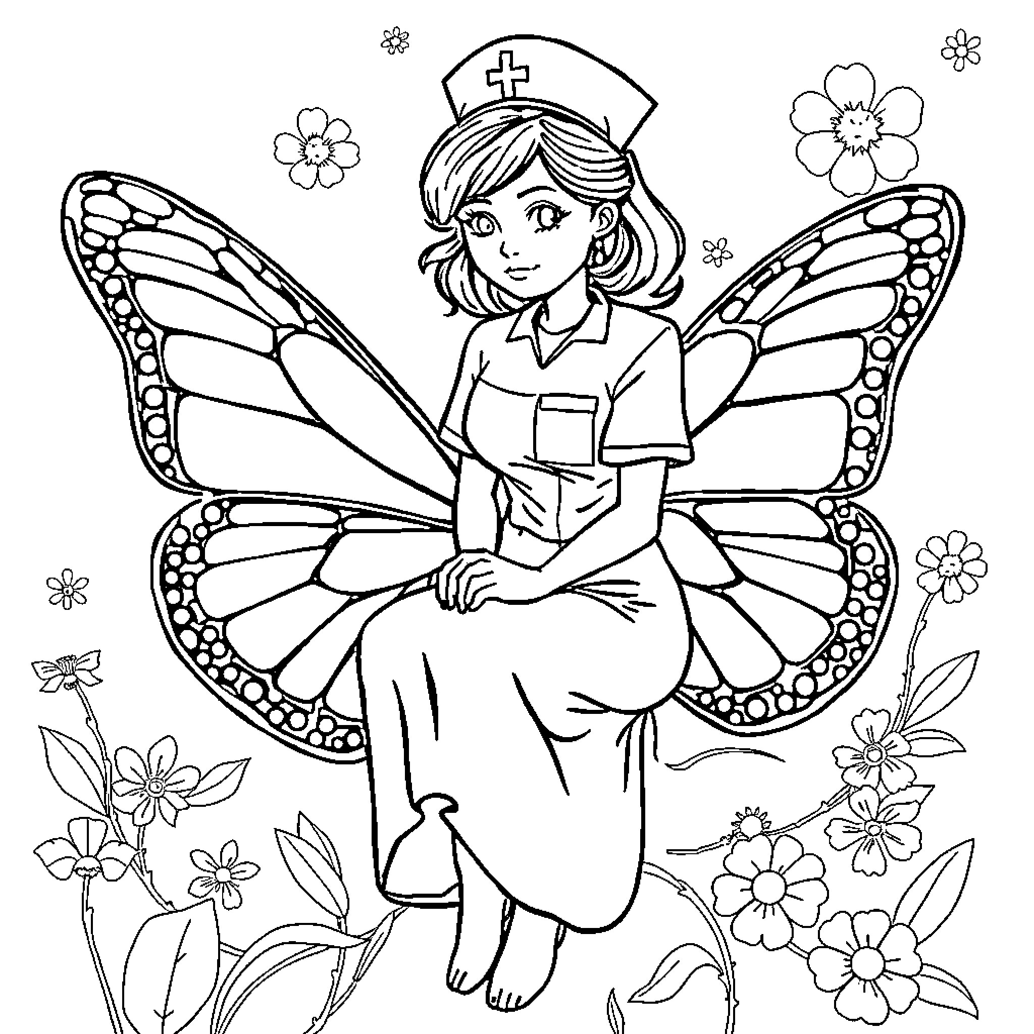 Nurse fairy with butterfly wings and flowers Coloring Page (free black-and-white line drawing printable PDF for all, from beginners to advanced learners, including children, teens, adults, and seniors)
