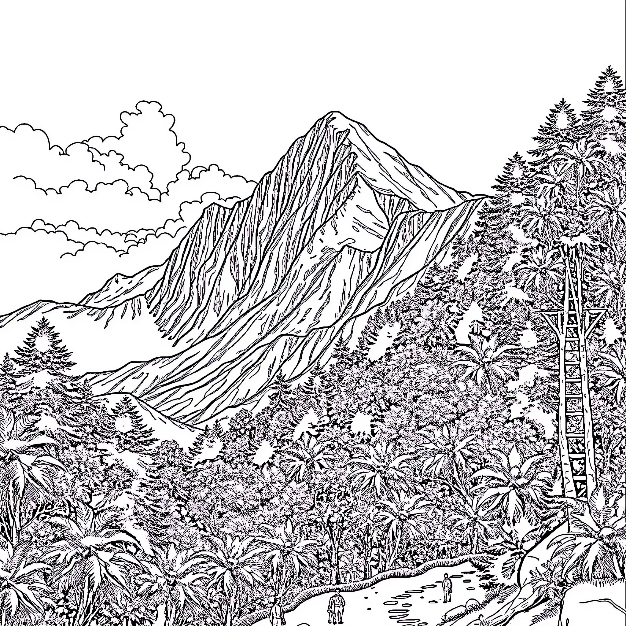 Mountain landscape with lush vegetation and hiking trail Coloring Page (free black-and-white line drawing printable PDF for all, from beginners to advanced learners, including children, teens, adults, and seniors)