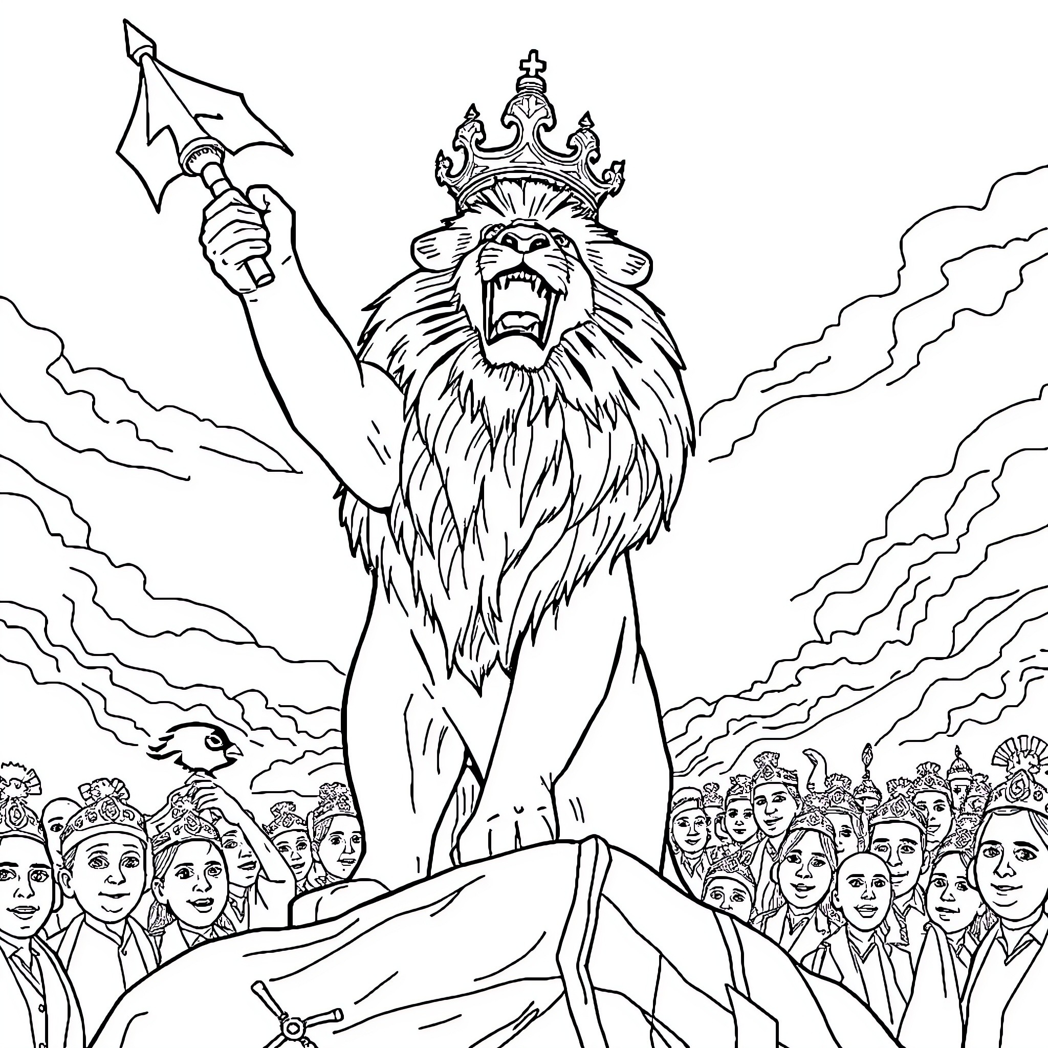 Leon, the Mighty Lion King Rallying His People Coloring Page (free black-and-white line drawing printable PDF for all, from beginners to advanced learners, including children, teens, adults, and seniors)