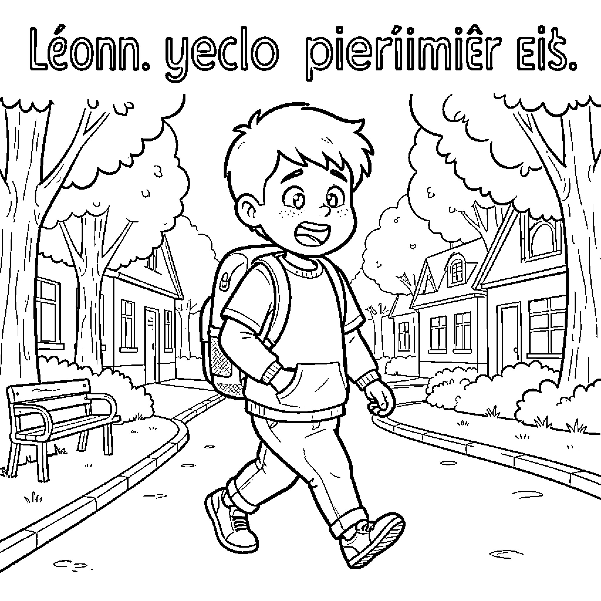 Leon walking happily with a backpack through a neighborhood Coloring Page (free black-and-white line drawing printable PDF for all, from beginners to advanced learners, including children, teens, adults, and seniors)