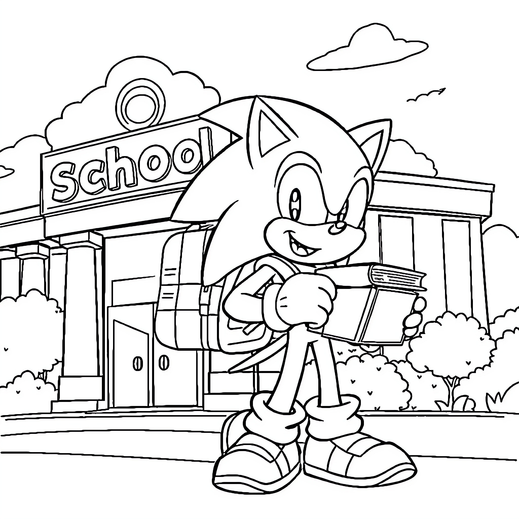 Sonic arriving happily at the school building Coloring Page (free black-and-white line drawing printable PDF for all, from beginners to advanced learners, including children, teens, adults, and seniors)