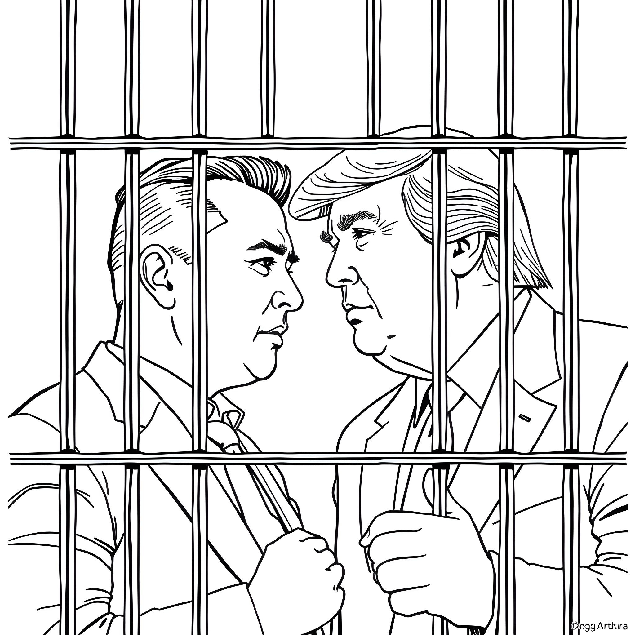 Musk's Inmates: Confrontation behind Bars Coloring Page (free black-and-white line drawing printable PDF for all, from beginners to advanced learners, including children, teens, adults, and seniors)