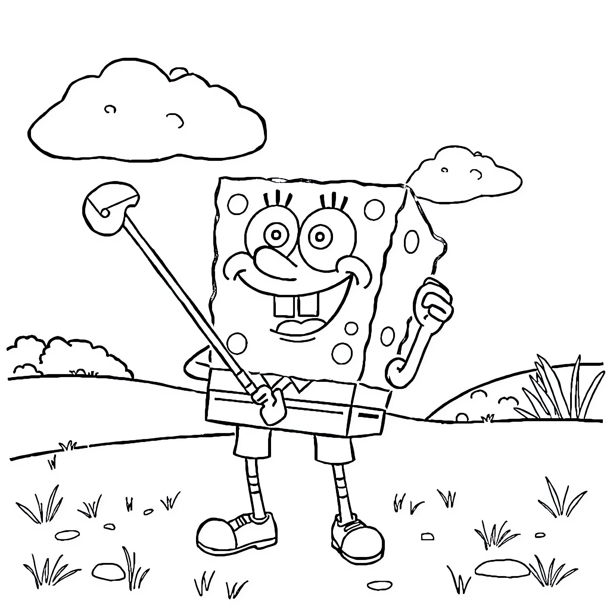 Spongebob's Outdoor Adventure Coloring Page (free black-and-white line drawing printable PDF for all, from beginners to advanced learners, including children, teens, adults, and seniors)