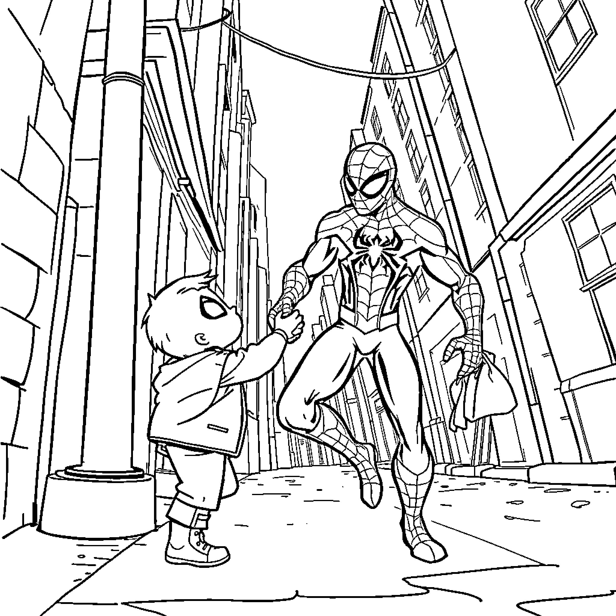Spiderman helping a child on the city street Coloring Page (free black-and-white line drawing printable PDF for all, from beginners to advanced learners, including children, teens, adults, and seniors)