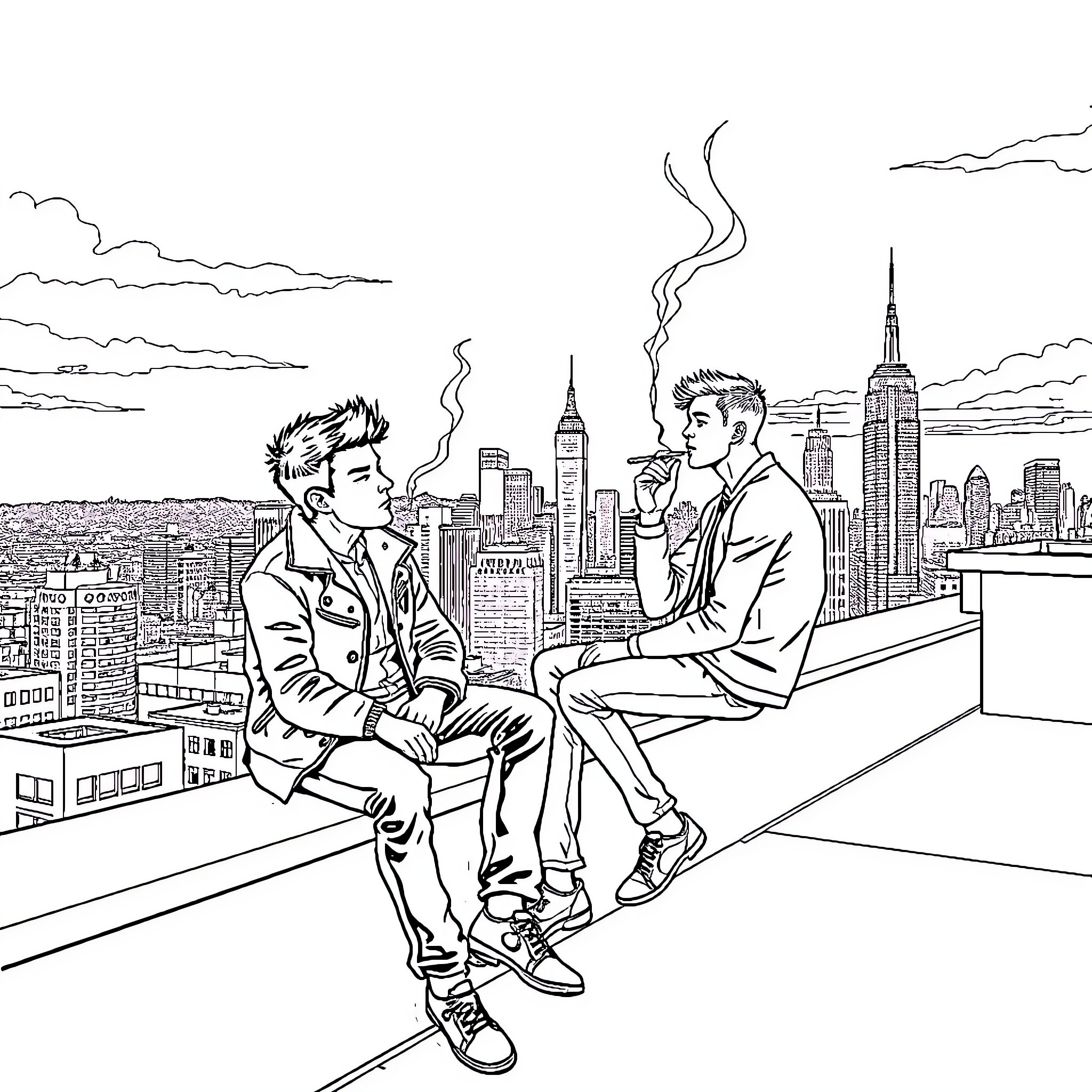 Andrew Minyard and friend enjoying city skyline view Coloring Page (free black-and-white line drawing printable PDF for all, from beginners to advanced learners, including children, teens, adults, and seniors)