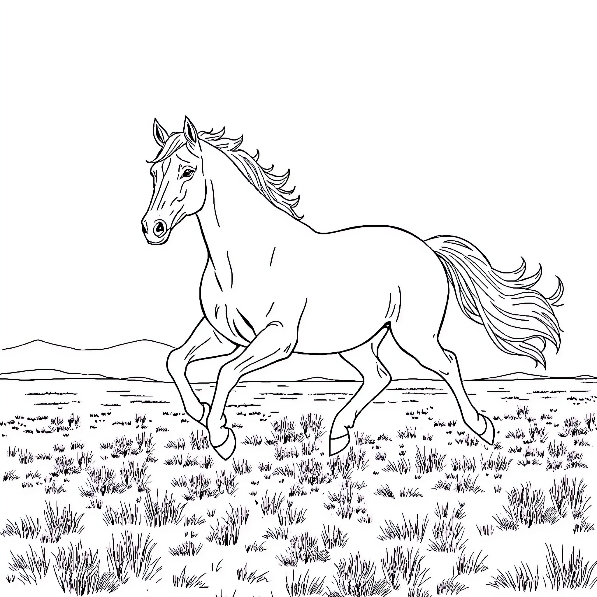 Spirit galloping through the open field Coloring Page (free black-and-white line drawing printable PDF for all, from beginners to advanced learners, including children, teens, adults, and seniors)