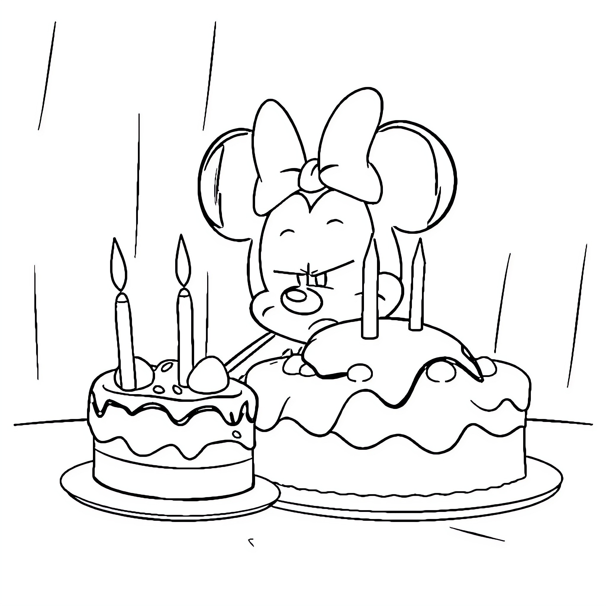 Mickey Mouse celebrating birthday with cakes Coloring Page (free black-and-white line drawing printable PDF for all, from beginners to advanced learners, including children, teens, adults, and seniors)
