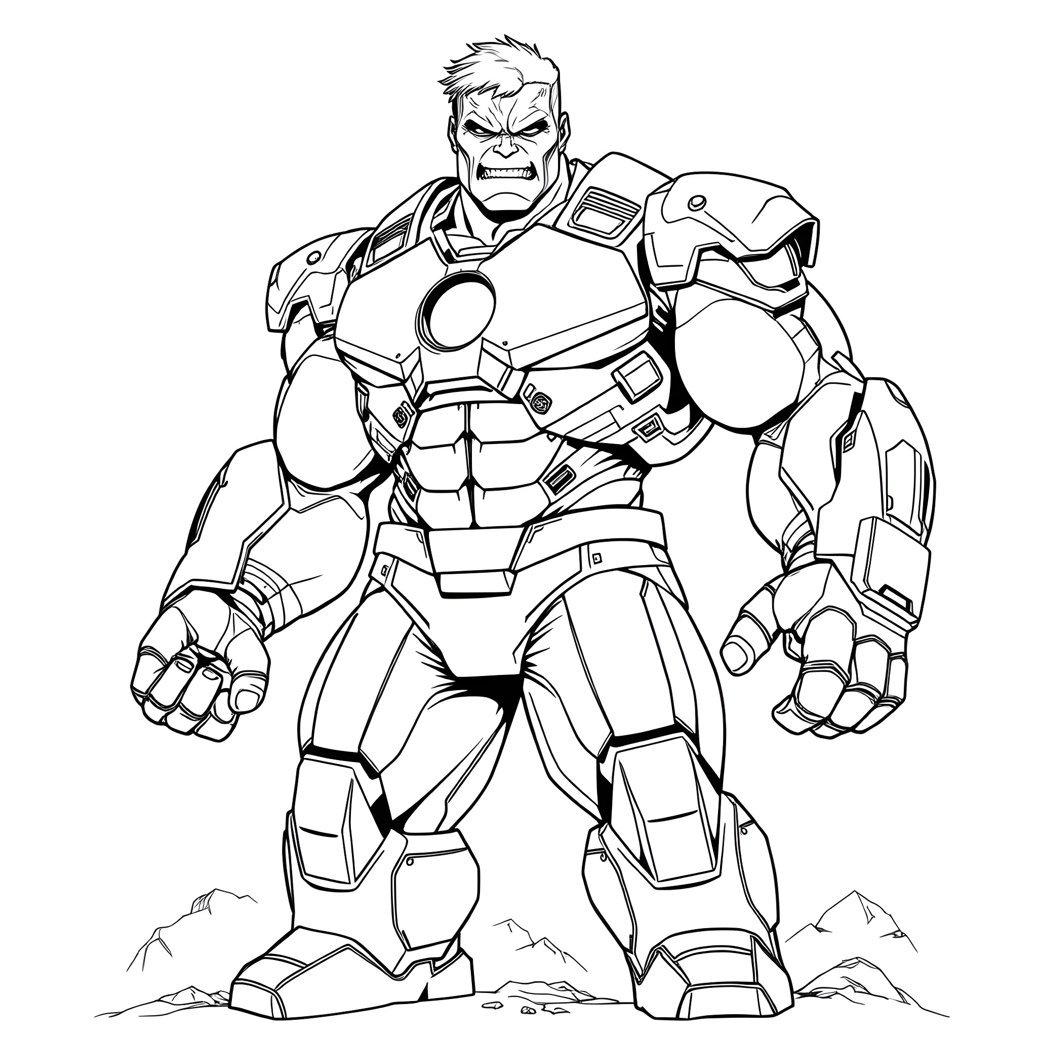 Hulk Powered Warrior in Battle Stance Coloring Page (free black-and-white line drawing printable PDF for all, from beginners to advanced learners, including children, teens, adults, and seniors)