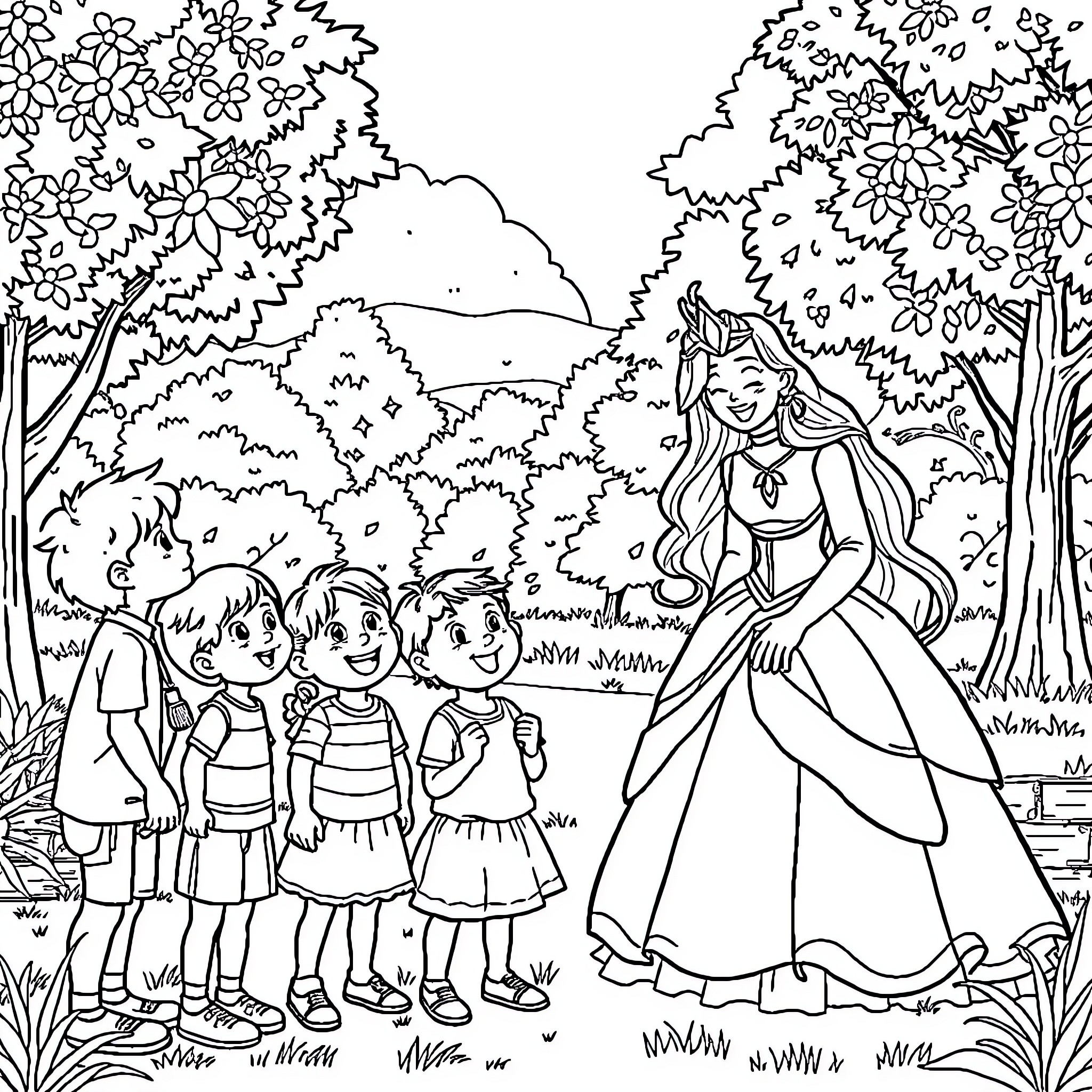 Princess and her Admiring Children in the Enchanted Forest Coloring Page (free black-and-white line drawing printable PDF for all, from beginners to advanced learners, including children, teens, adults, and seniors)