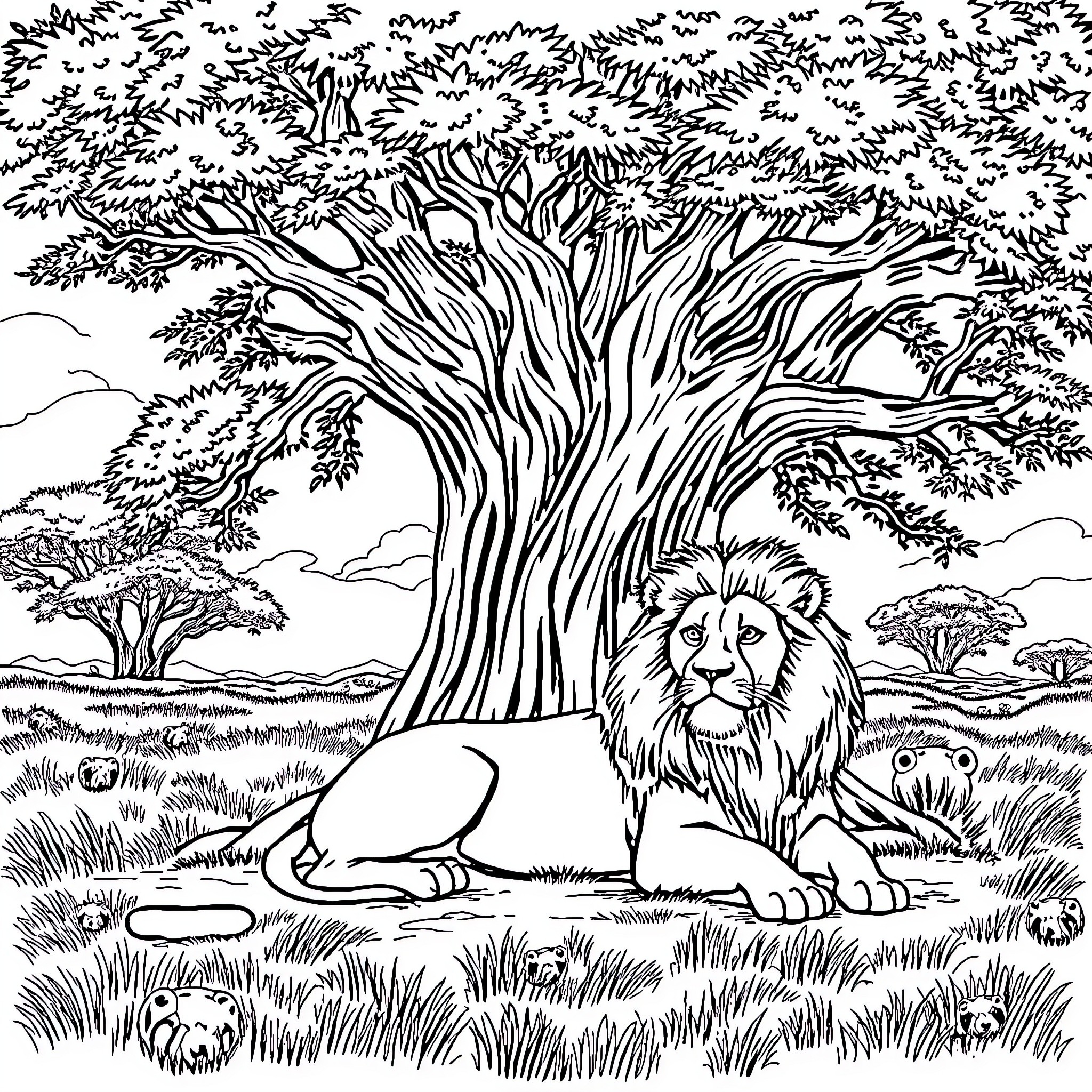 Lion resting under a majestic tree in the wild Coloring Page (free black-and-white line drawing printable PDF for all, from beginners to advanced learners, including children, teens, adults, and seniors)