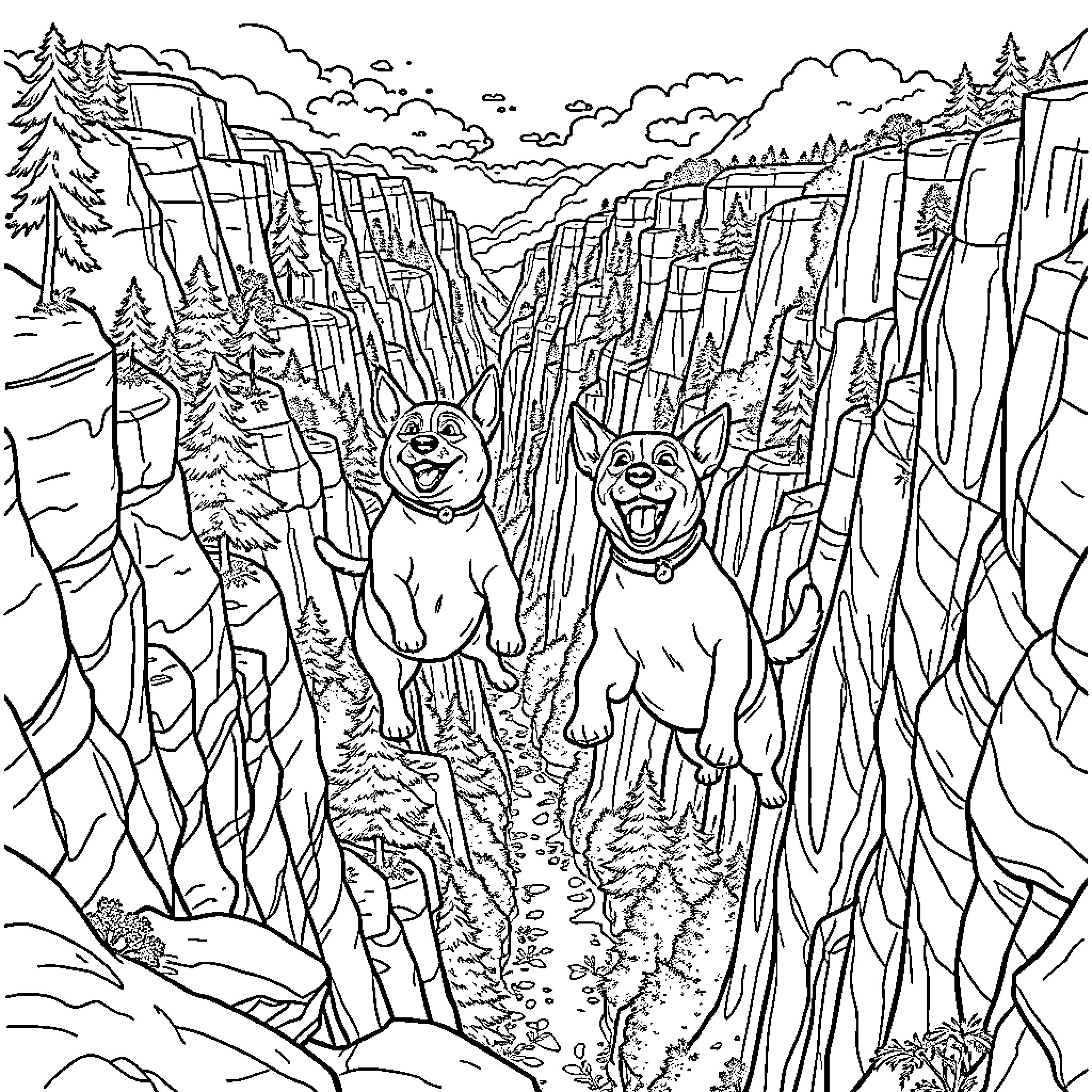 Dogs exploring the rugged mountain terrain Coloring Page (free black-and-white line drawing printable PDF for all, from beginners to advanced learners, including children, teens, adults, and seniors)