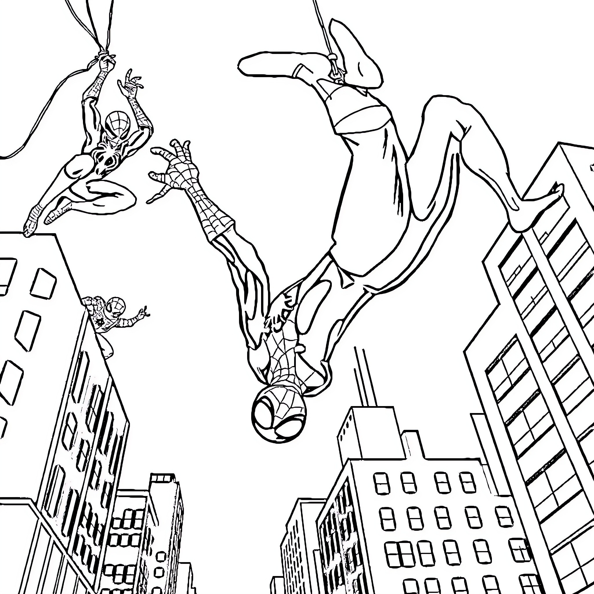 Spiderman swinging through the city skyline Coloring Page (free black-and-white line drawing printable PDF for all, from beginners to advanced learners, including children, teens, adults, and seniors)