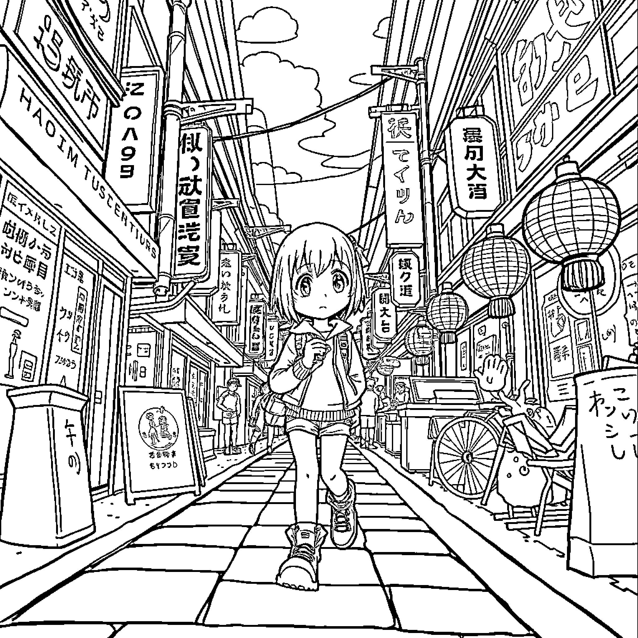 Ramona's Enchanting Adventure in the Japanese Alley Coloring Page (free black-and-white line drawing printable PDF for all, from beginners to advanced learners, including children, teens, adults, and seniors)