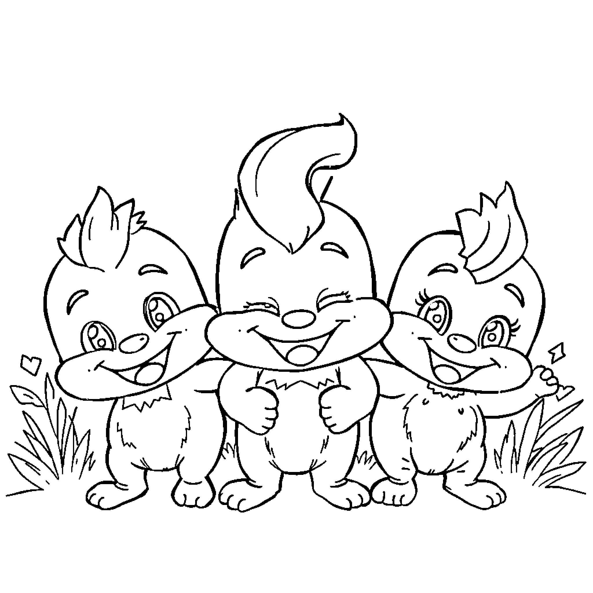 Sprunki friends posing happily in nature Coloring Page (free black-and-white line drawing printable PDF for all, from beginners to advanced learners, including children, teens, adults, and seniors)