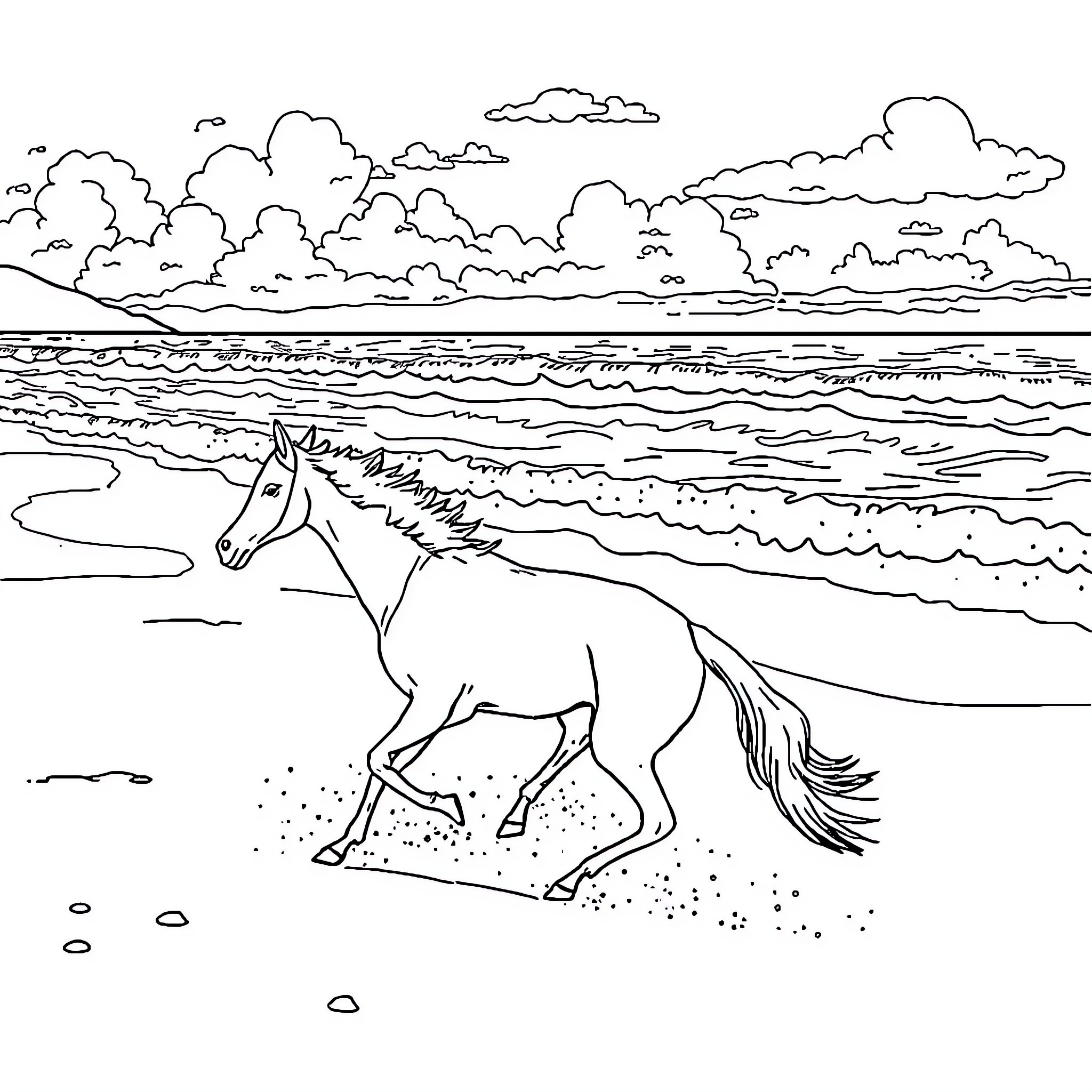 Hunter galloping along the beach Coloring Page (free black-and-white line drawing printable PDF for all, from beginners to advanced learners, including children, teens, adults, and seniors)