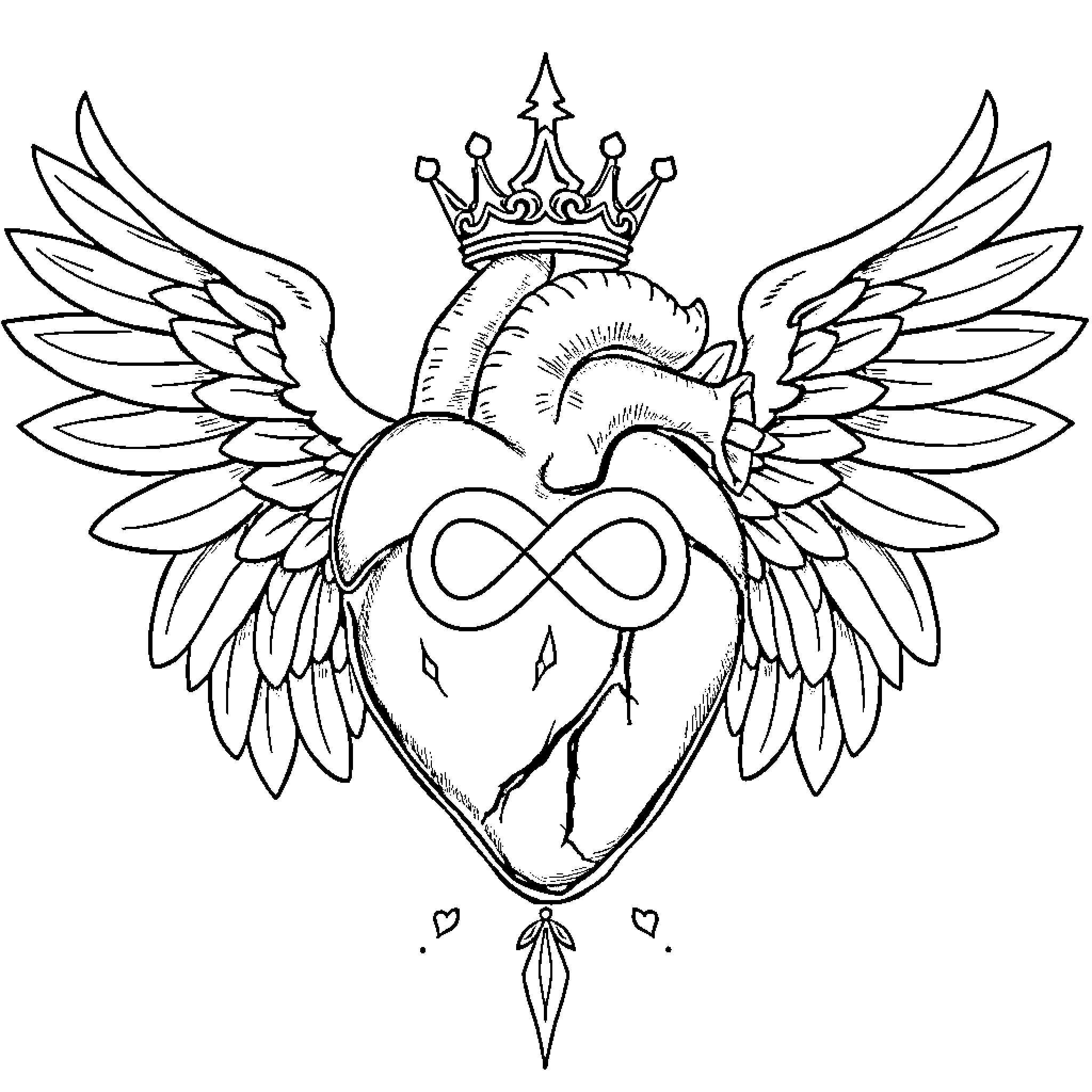 Heart with Winged Crown and Infinity Symbol Coloring Page (free black-and-white line drawing printable PDF for all, from beginners to advanced learners, including children, teens, adults, and seniors)