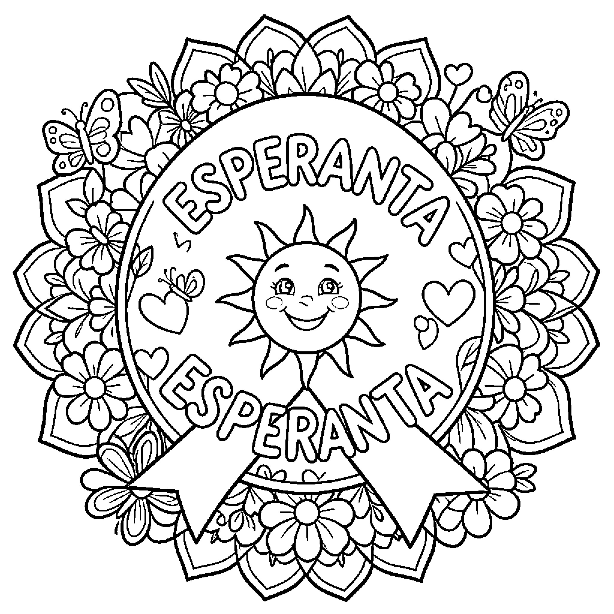 Bow Flowers and Butterflies Adorning Esperanta Esperanta Coloring Page (free black-and-white line drawing printable PDF for all, from beginners to advanced learners, including children, teens, adults, and seniors)