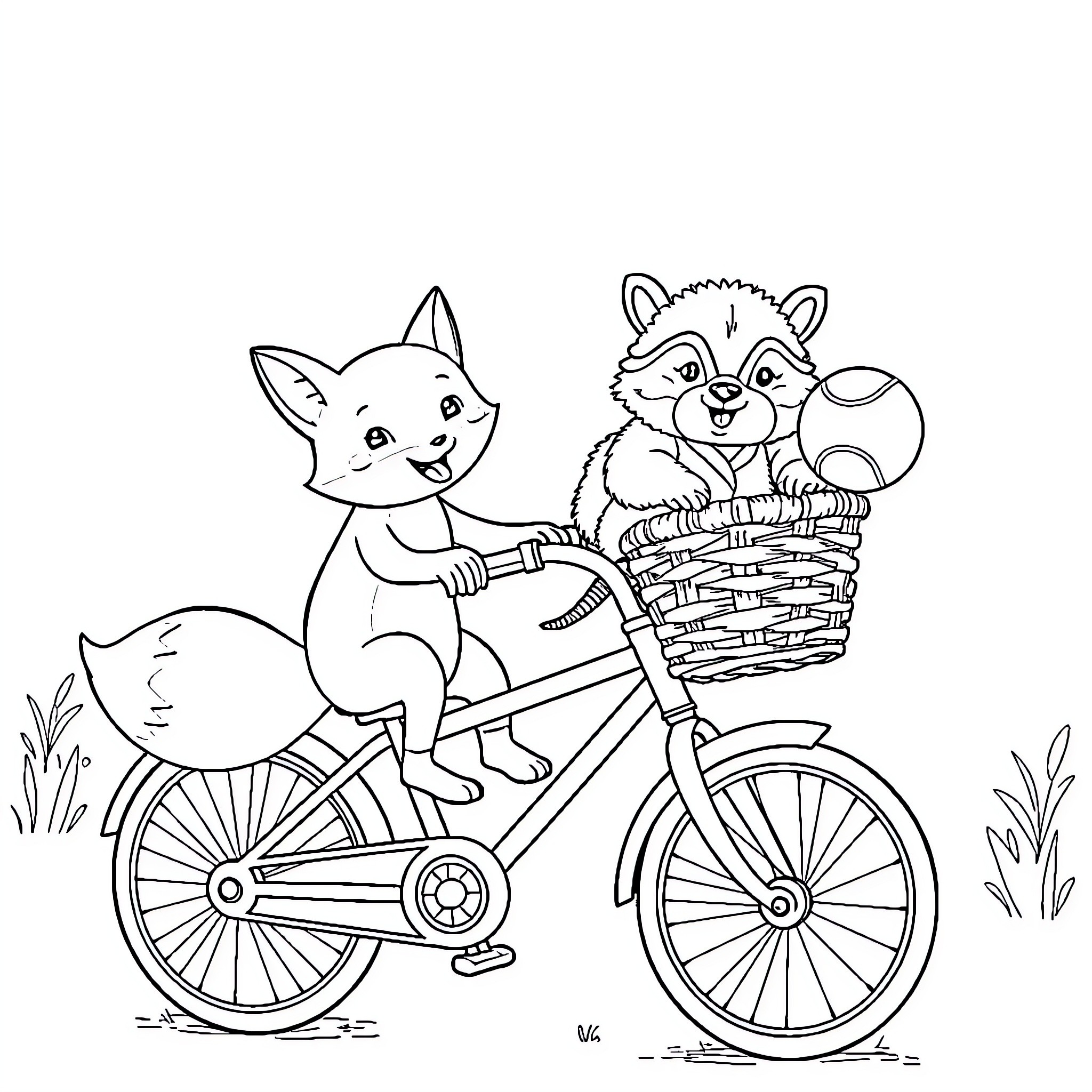 Fox and Raccoon Riding Bicycle Together Coloring Page (free black-and-white line drawing printable PDF for all, from beginners to advanced learners, including children, teens, adults, and seniors)
