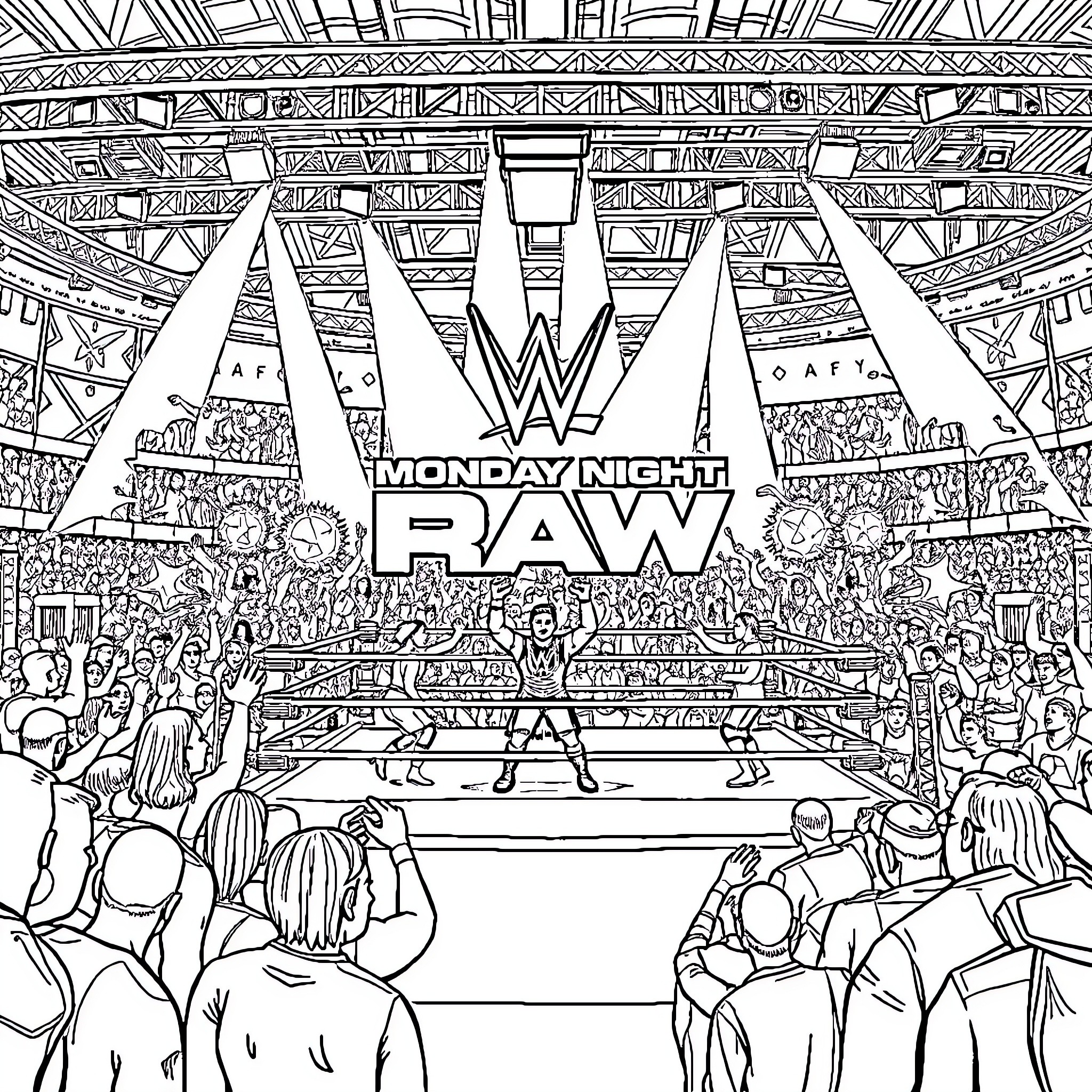 WWE Monday Night Raw Excitement in the Arena Coloring Page (free black-and-white line drawing printable PDF for all, from beginners to advanced learners, including children, teens, adults, and seniors)