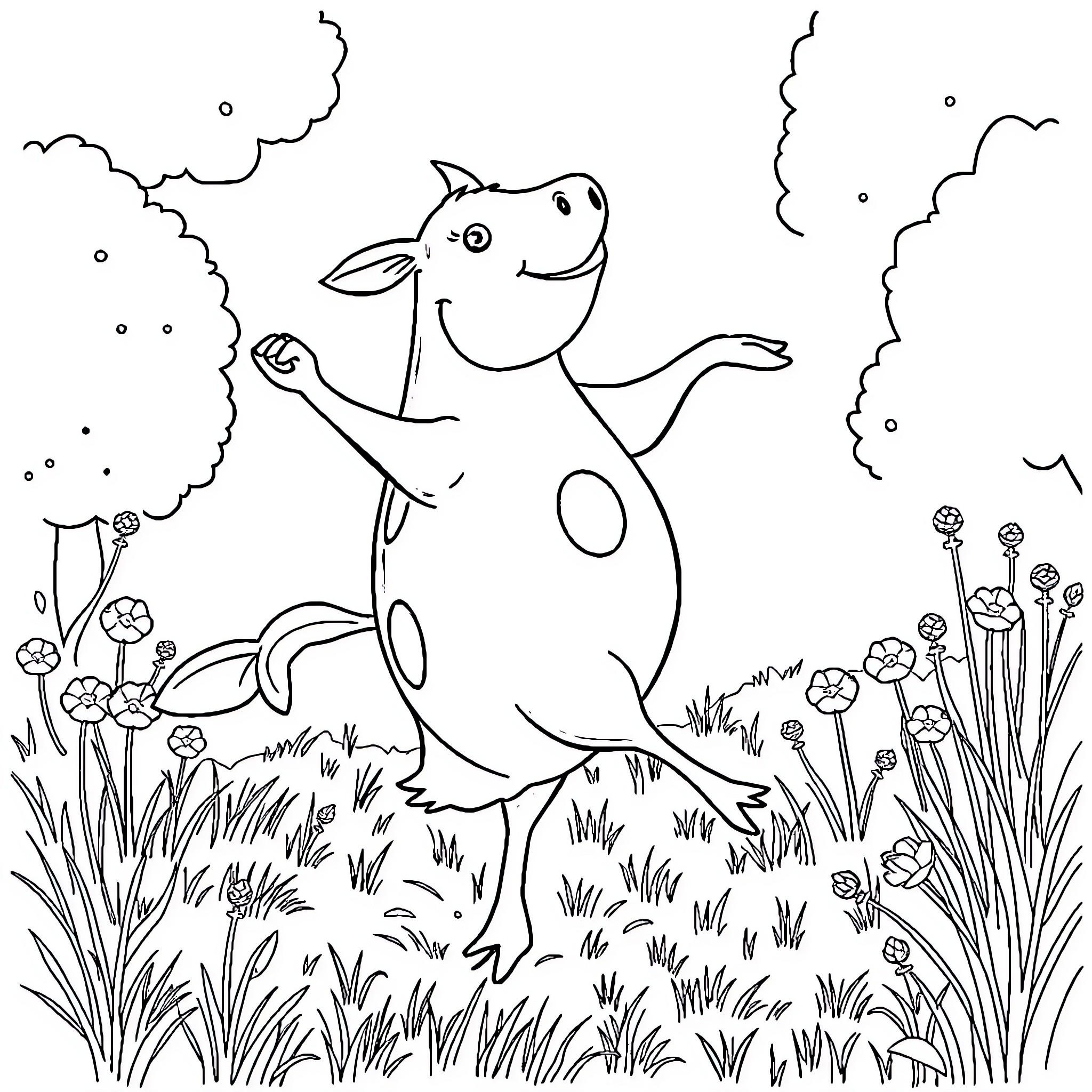 Vache dancing joyfully in a meadow Coloring Page (free black-and-white line drawing printable PDF for all, from beginners to advanced learners, including children, teens, adults, and seniors)