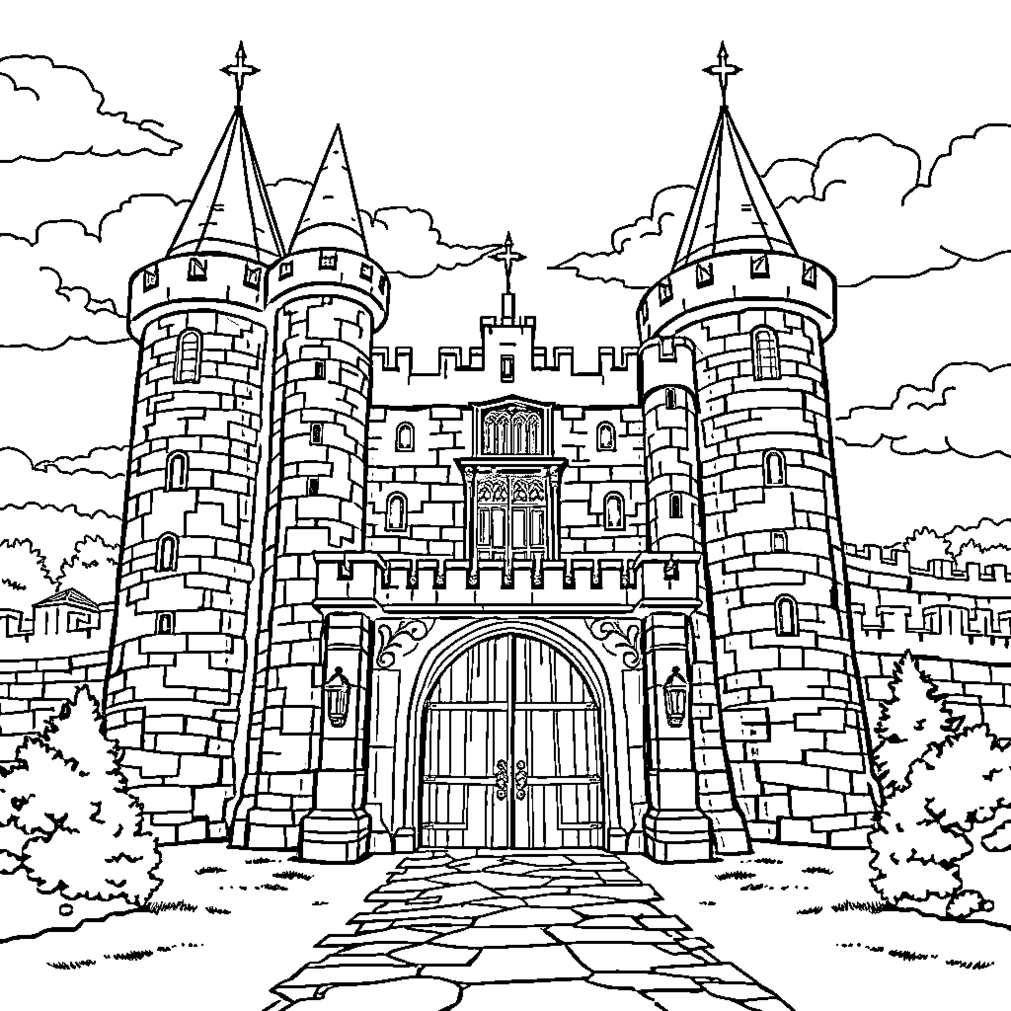 Castle with Majestic Towers and Grand Entrance Coloring Page (free black-and-white line drawing printable PDF for all, from beginners to advanced learners, including children, teens, adults, and seniors)