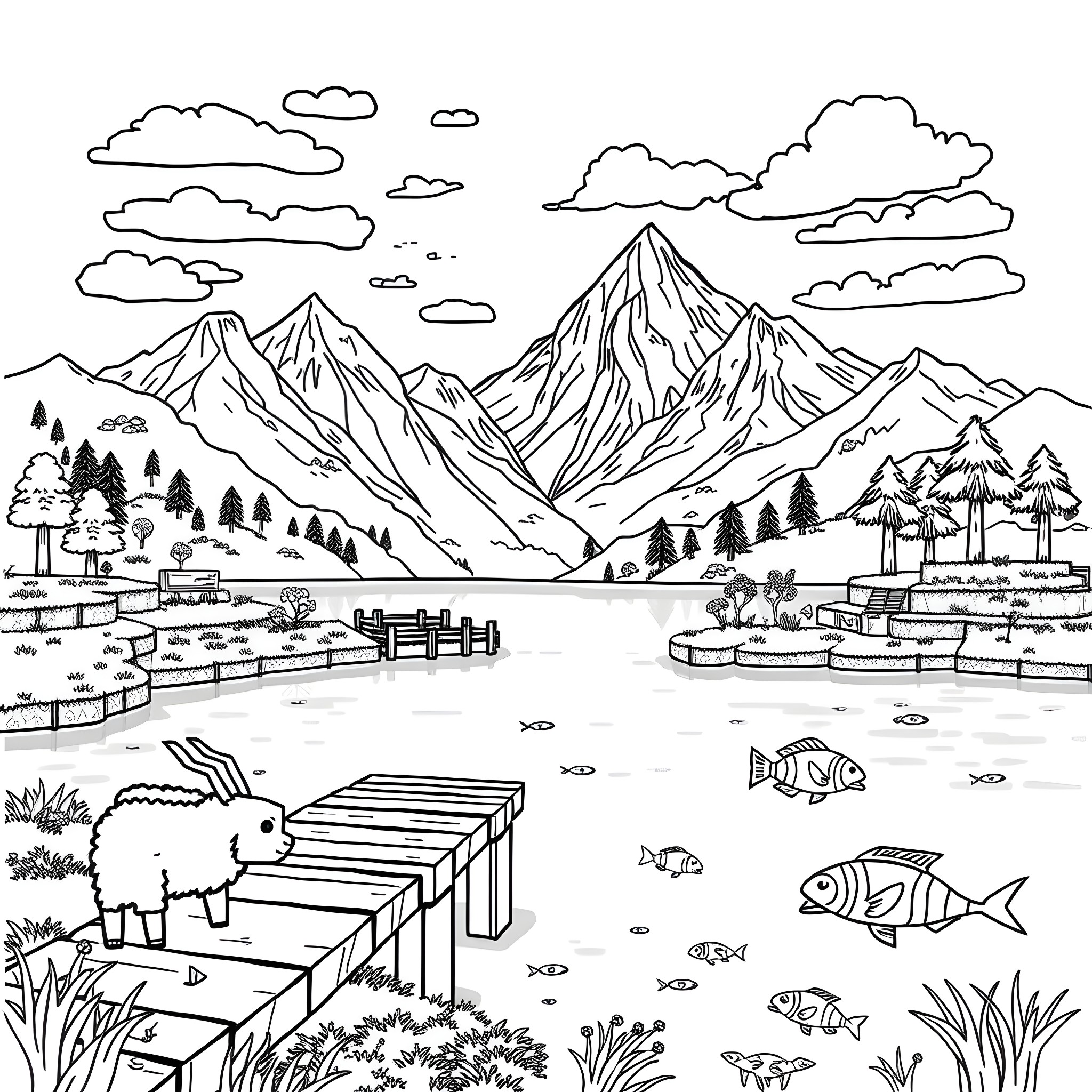 Minecraft scenic landscape with mountains, lake, and wildlife Coloring Page (free black-and-white line drawing printable PDF for all, from beginners to advanced learners, including children, teens, adults, and seniors)