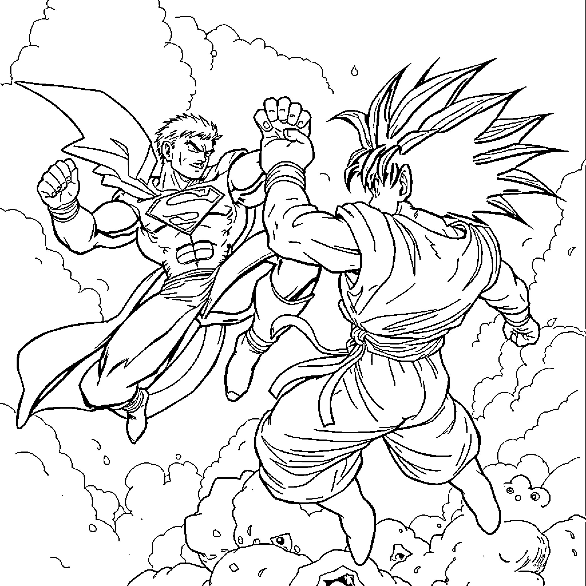 Superman battling a powerful warrior in the sky Coloring Page (free black-and-white line drawing printable PDF for all, from beginners to advanced learners, including children, teens, adults, and seniors)