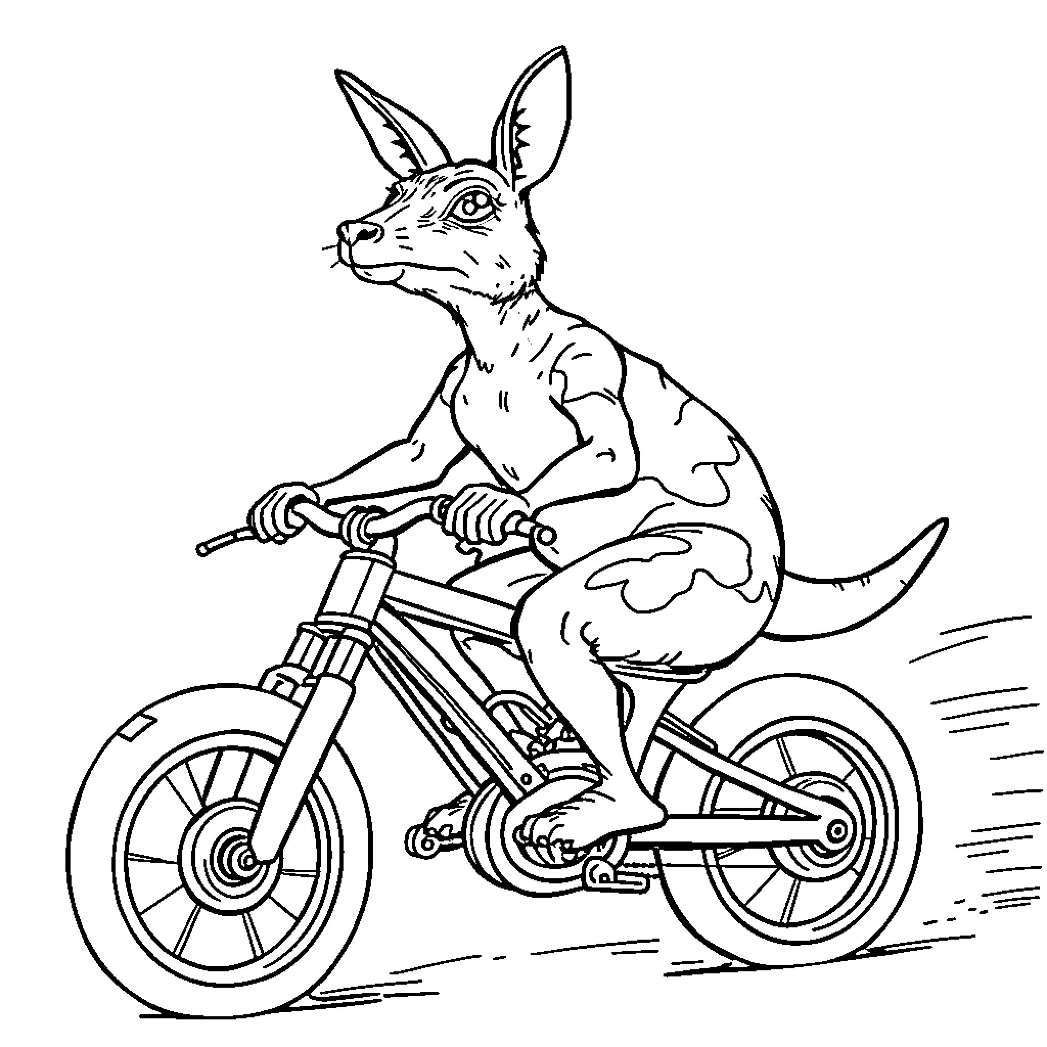 Kangaroo riding a bicycle Coloring Page (free black-and-white line drawing printable PDF for all, from beginners to advanced learners, including children, teens, adults, and seniors)