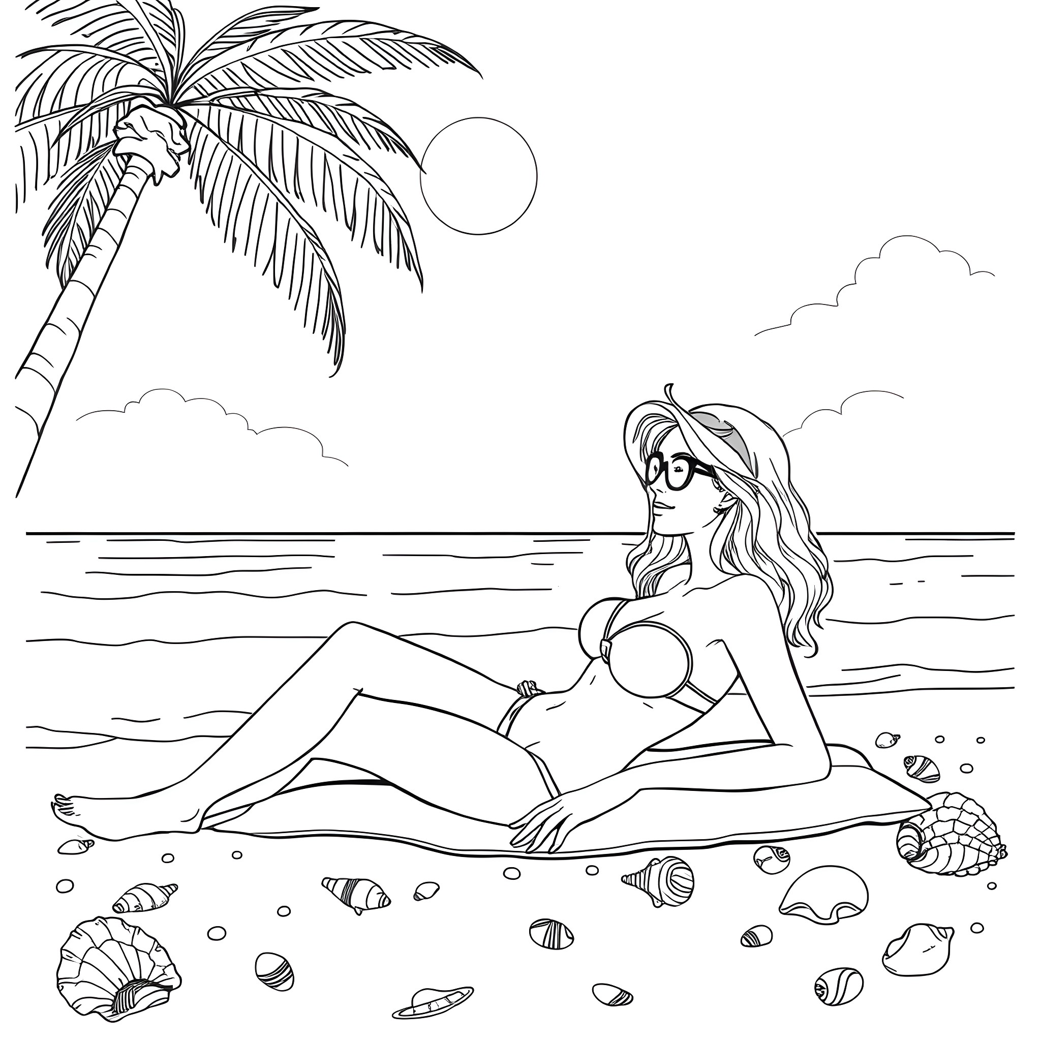Thea Ripley relaxing on the beach under palm trees Coloring Page (free black-and-white line drawing printable PDF for all, from beginners to advanced learners, including children, teens, adults, and seniors)