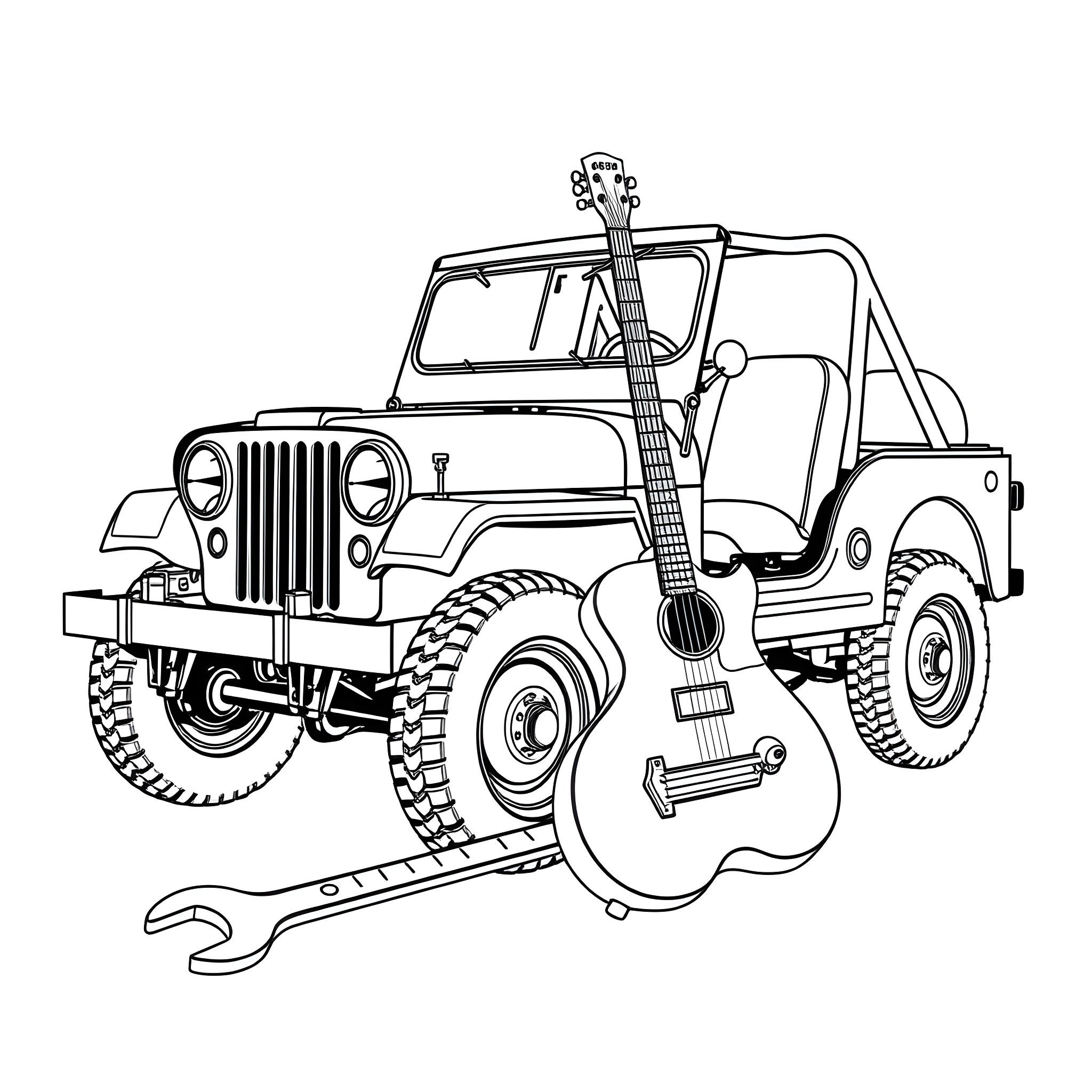 Jeep with guitar and tools Coloring Page (free black-and-white line drawing printable PDF for all, from beginners to advanced learners, including children, teens, adults, and seniors)