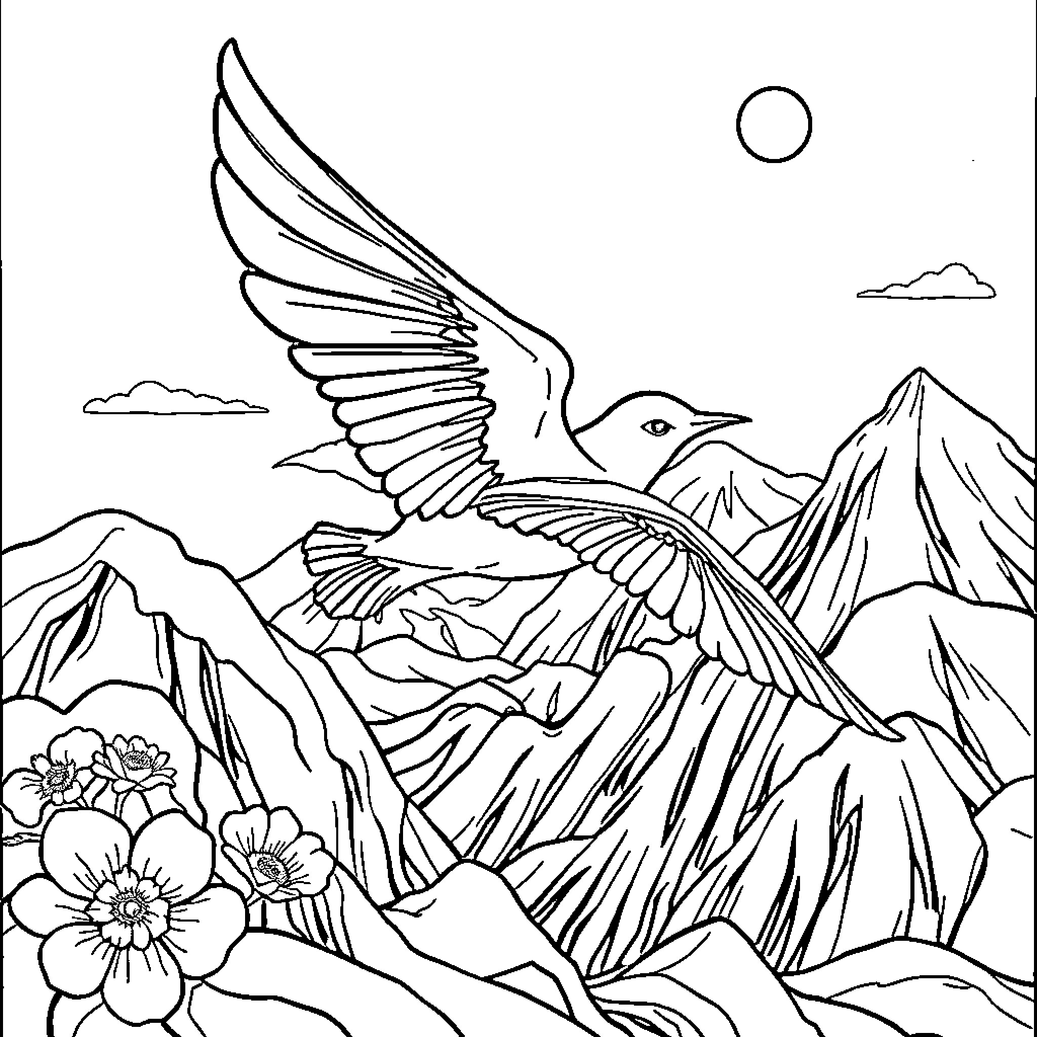 Figure Skating Princess Takes Flight in Snowy Landscape Coloring Page (free black-and-white line drawing printable PDF for all, from beginners to advanced learners, including children, teens, adults, and seniors)