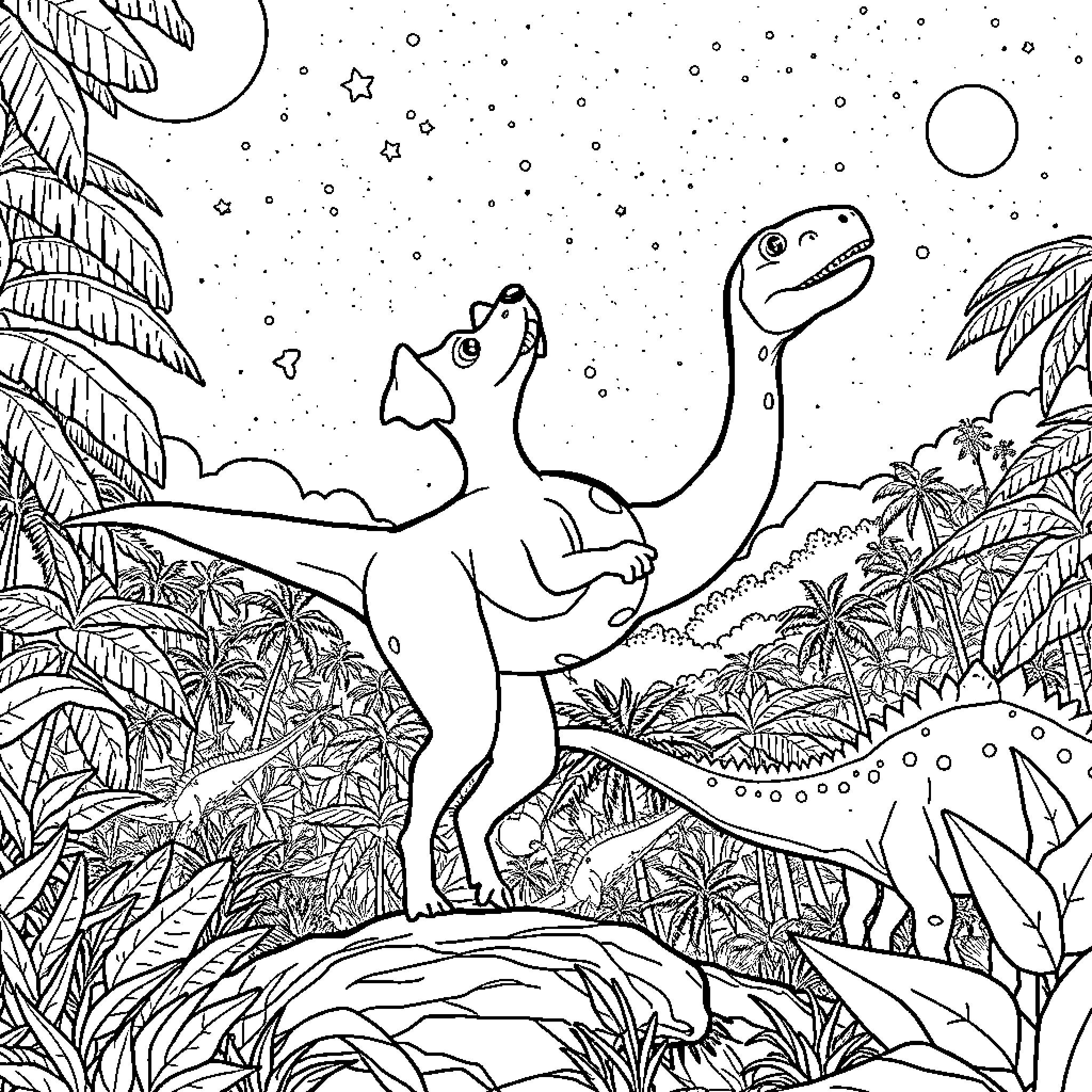 Paw Patrol Dinosaurs Exploring Prehistoric Landscape Coloring Page (free black-and-white line drawing printable PDF for all, from beginners to advanced learners, including children, teens, adults, and seniors)