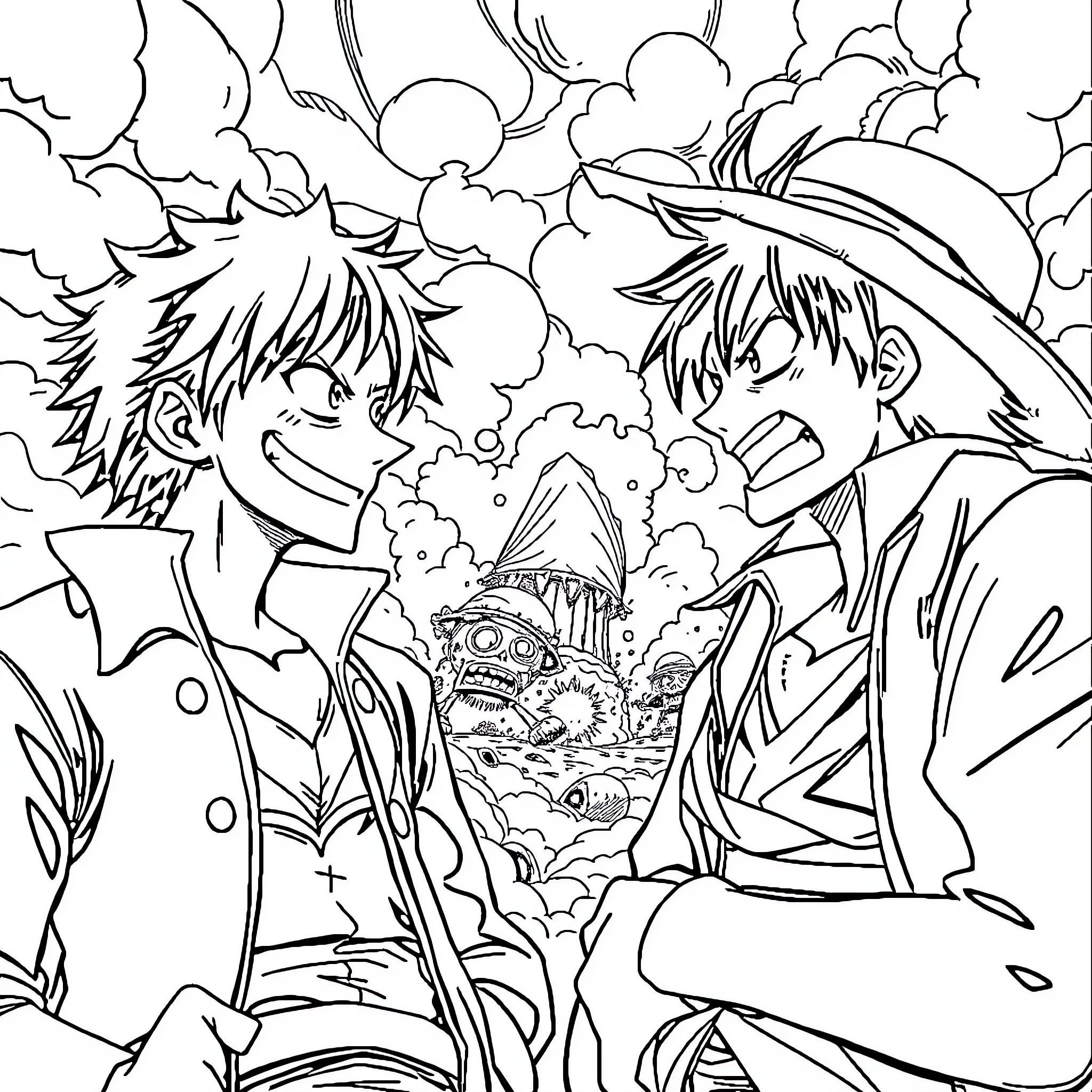 Luffy and friends facing an epic adventure Coloring Page (free black-and-white line drawing printable PDF for all, from beginners to advanced learners, including children, teens, adults, and seniors)