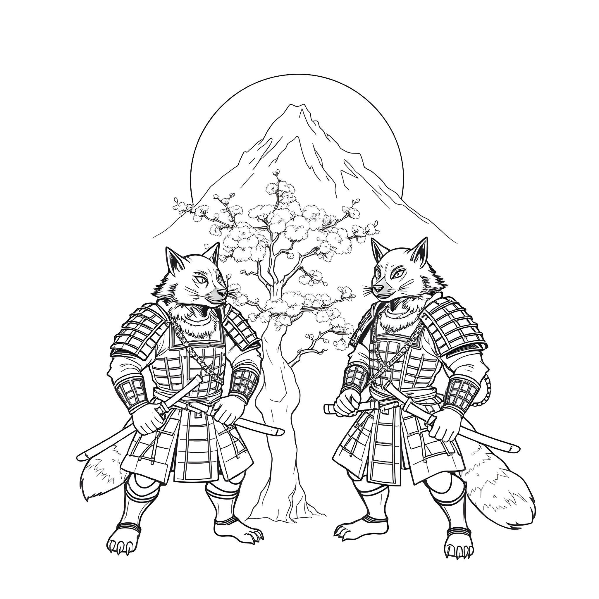Wolverine Samurai Cats Guarding a Snowy Mountain Coloring Page (free black-and-white line drawing printable PDF for all, from beginners to advanced learners, including children, teens, adults, and seniors)