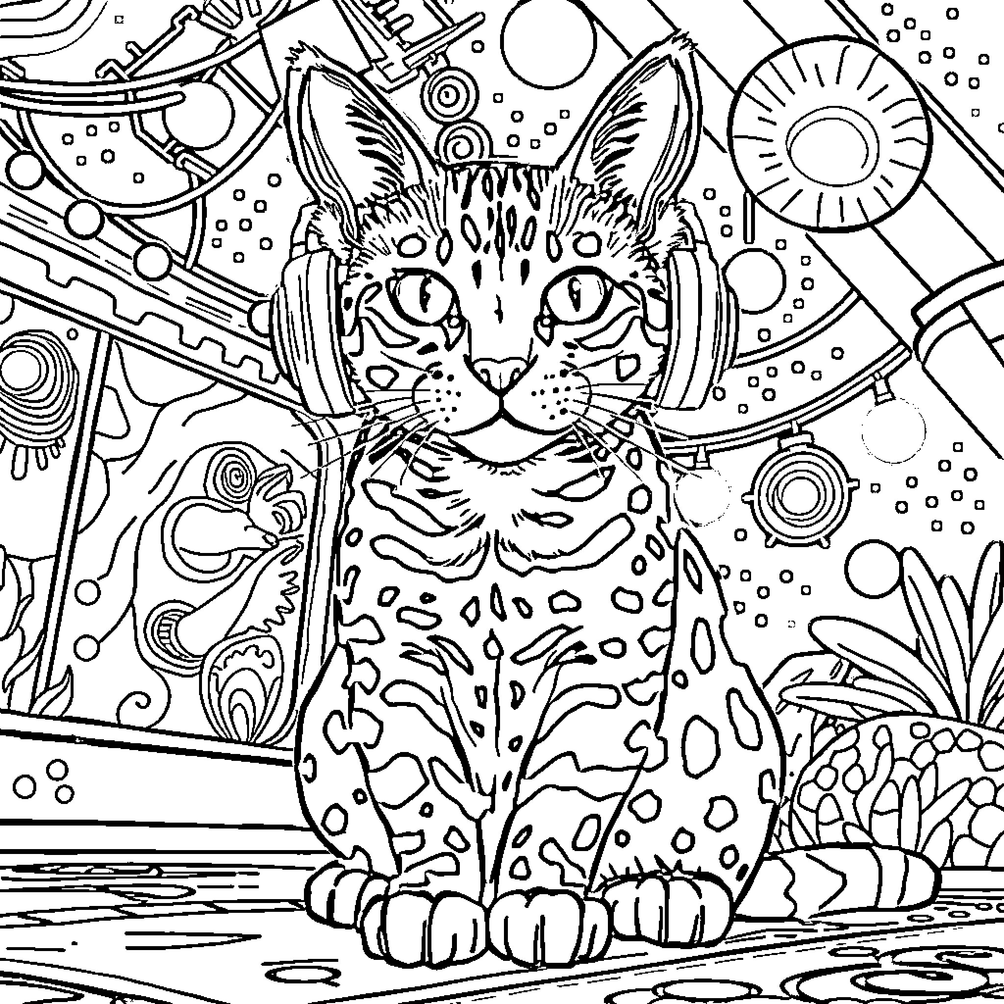 Savannah Cat Amid Intricate Geometric Patterns Coloring Page (free black-and-white line drawing printable PDF for all, from beginners to advanced learners, including children, teens, adults, and seniors)