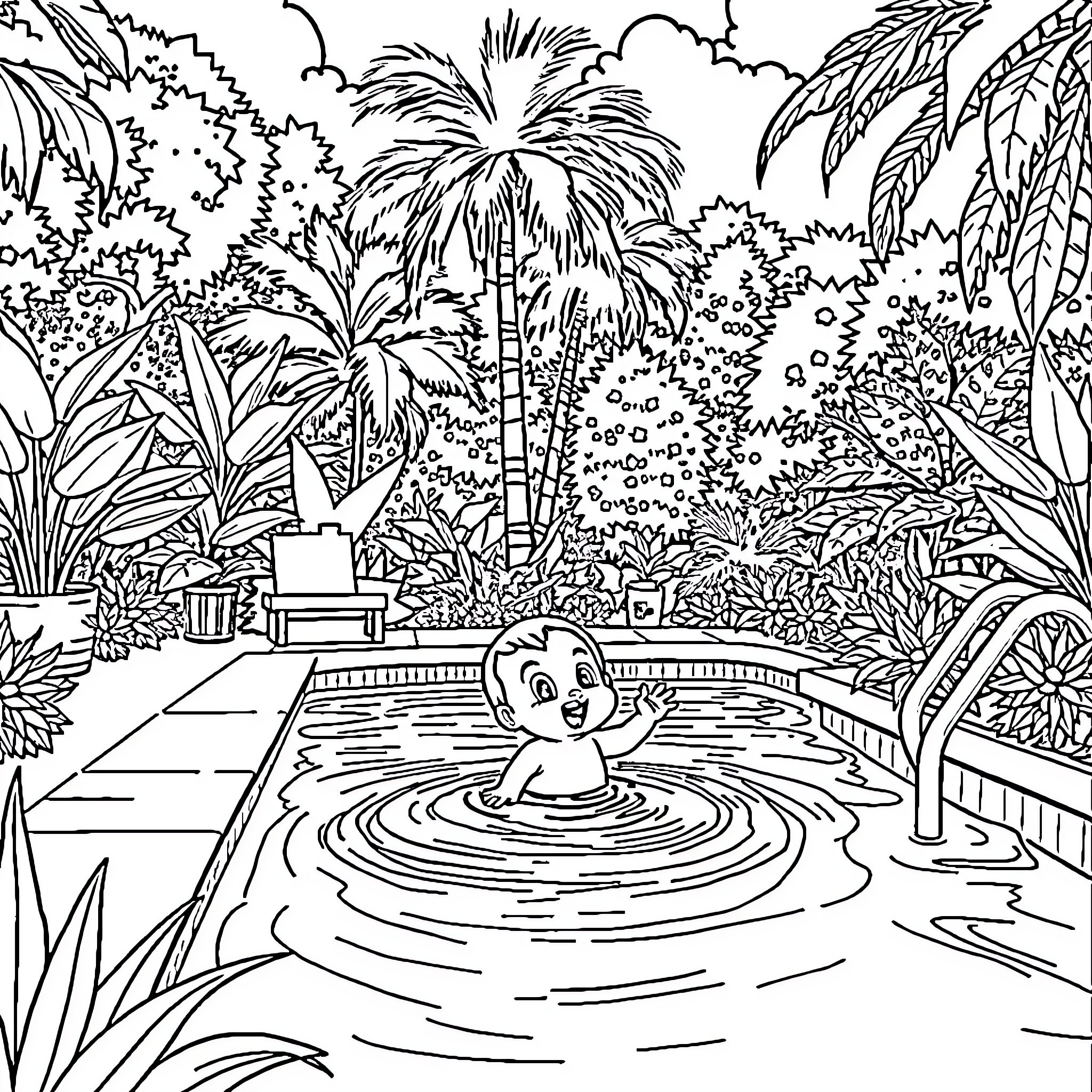 Chiffon's Tropical Adventure Coloring Page (free black-and-white line drawing printable PDF for all, from beginners to advanced learners, including children, teens, adults, and seniors)