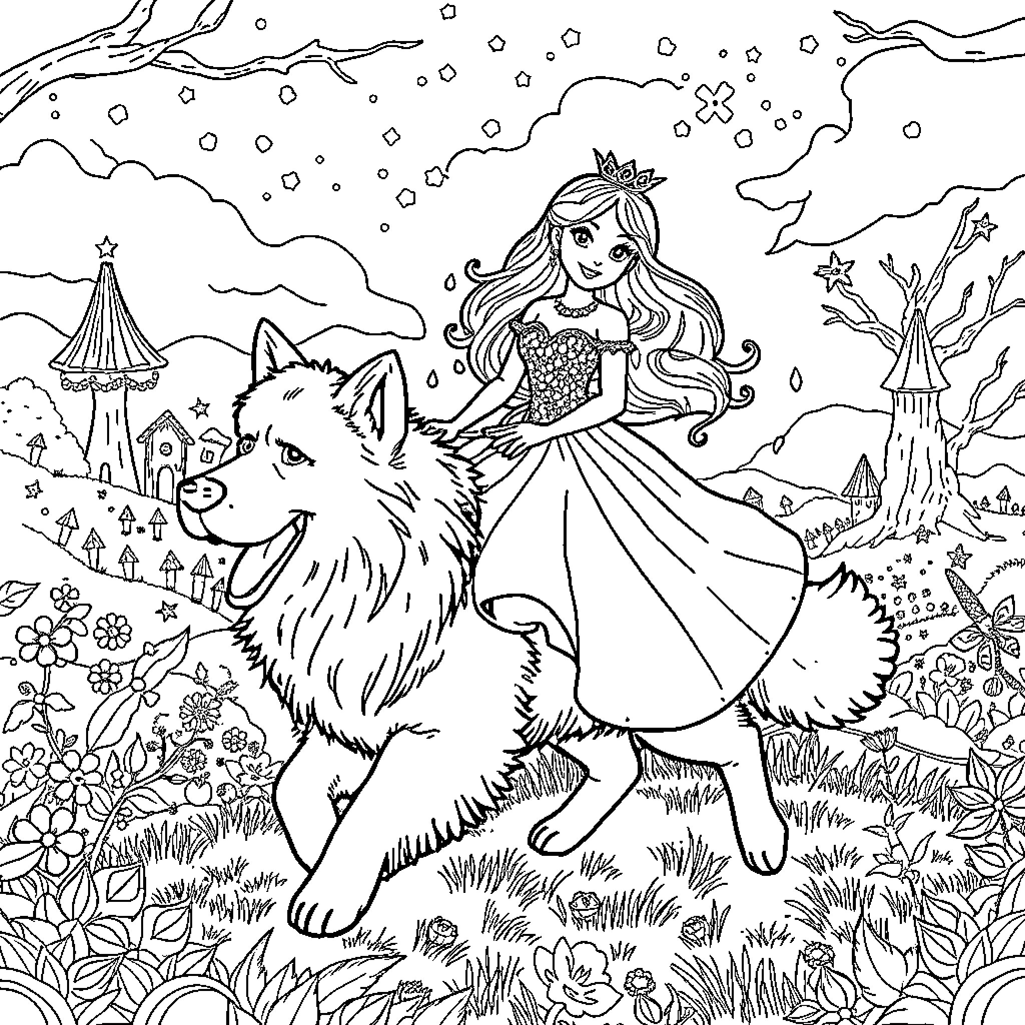 Princess on a Magical Journey with Loyal Companion Coloring Page (free black-and-white line drawing printable PDF for all, from beginners to advanced learners, including children, teens, adults, and seniors)