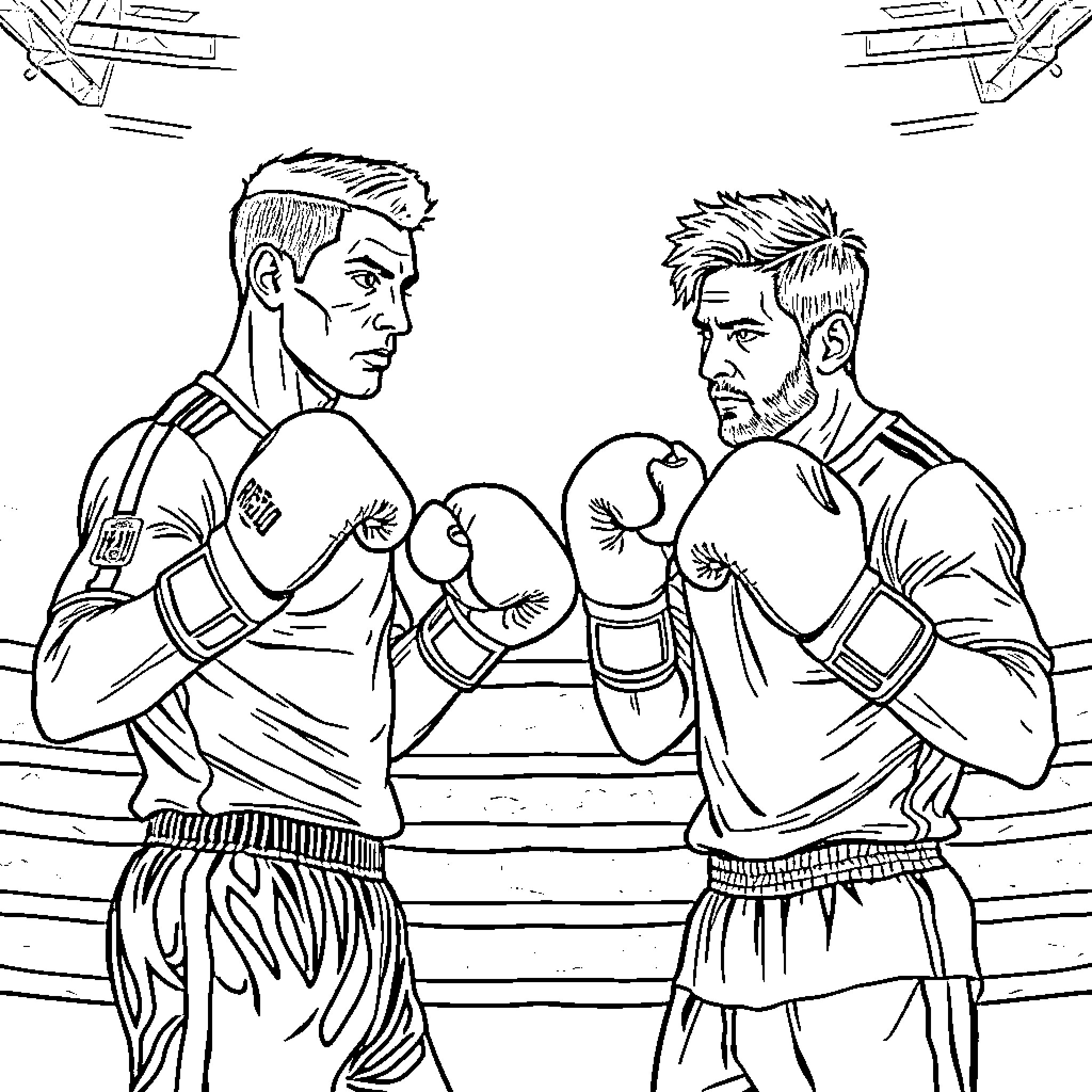 Cristiano Ronaldo and Lionel Messi Boxing Match Coloring Page (free black-and-white line drawing printable PDF for all, from beginners to advanced learners, including children, teens, adults, and seniors)