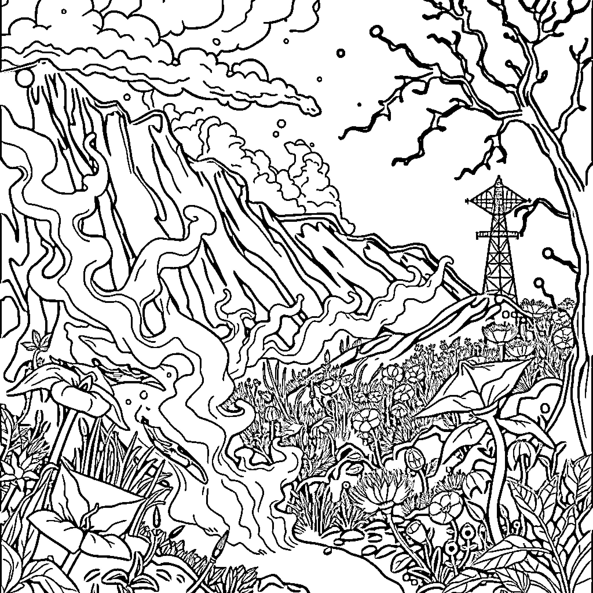 Environment: Surreal Landscape with Nature and Technology Coloring Page (free black-and-white line drawing printable PDF for all, from beginners to advanced learners, including children, teens, adults, and seniors)