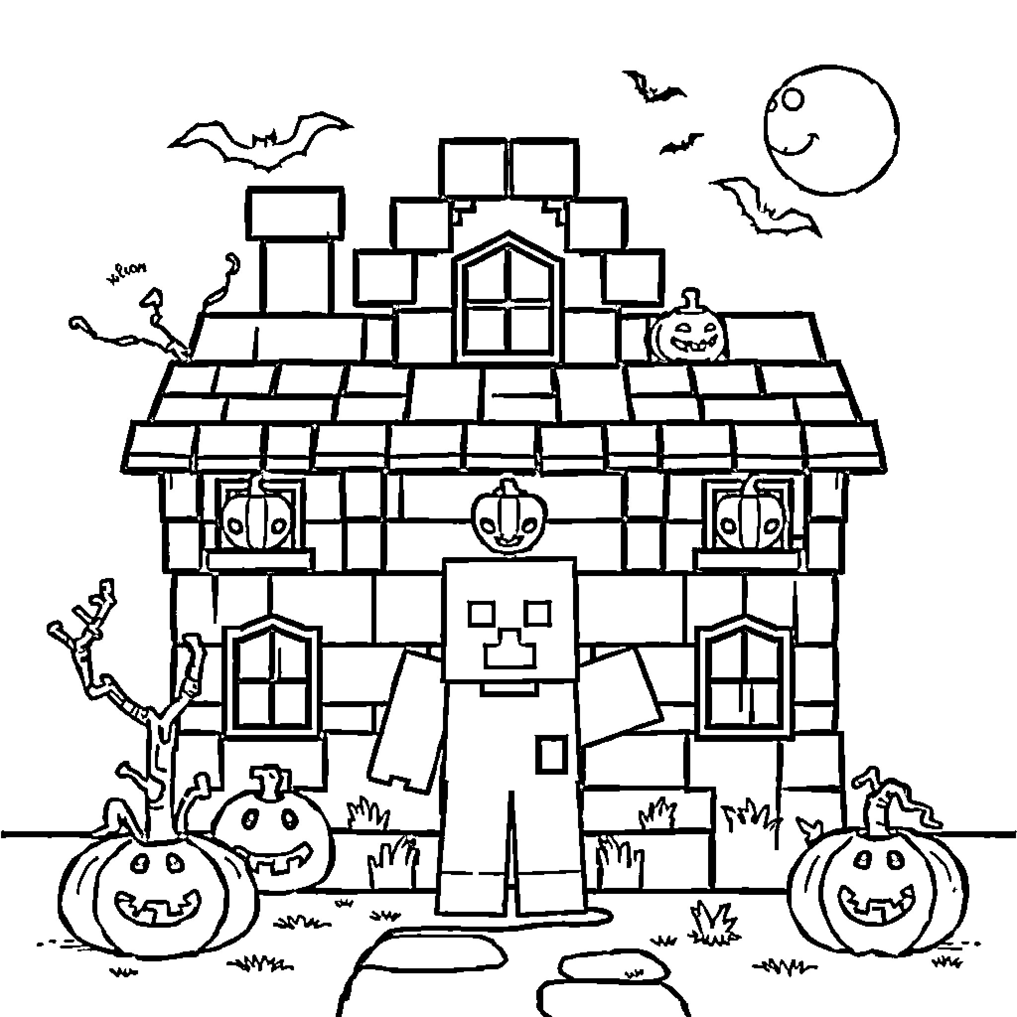 Minecraft Halloween haunted house Coloring Page (free black-and-white line drawing printable PDF for all, from beginners to advanced learners, including children, teens, adults, and seniors)