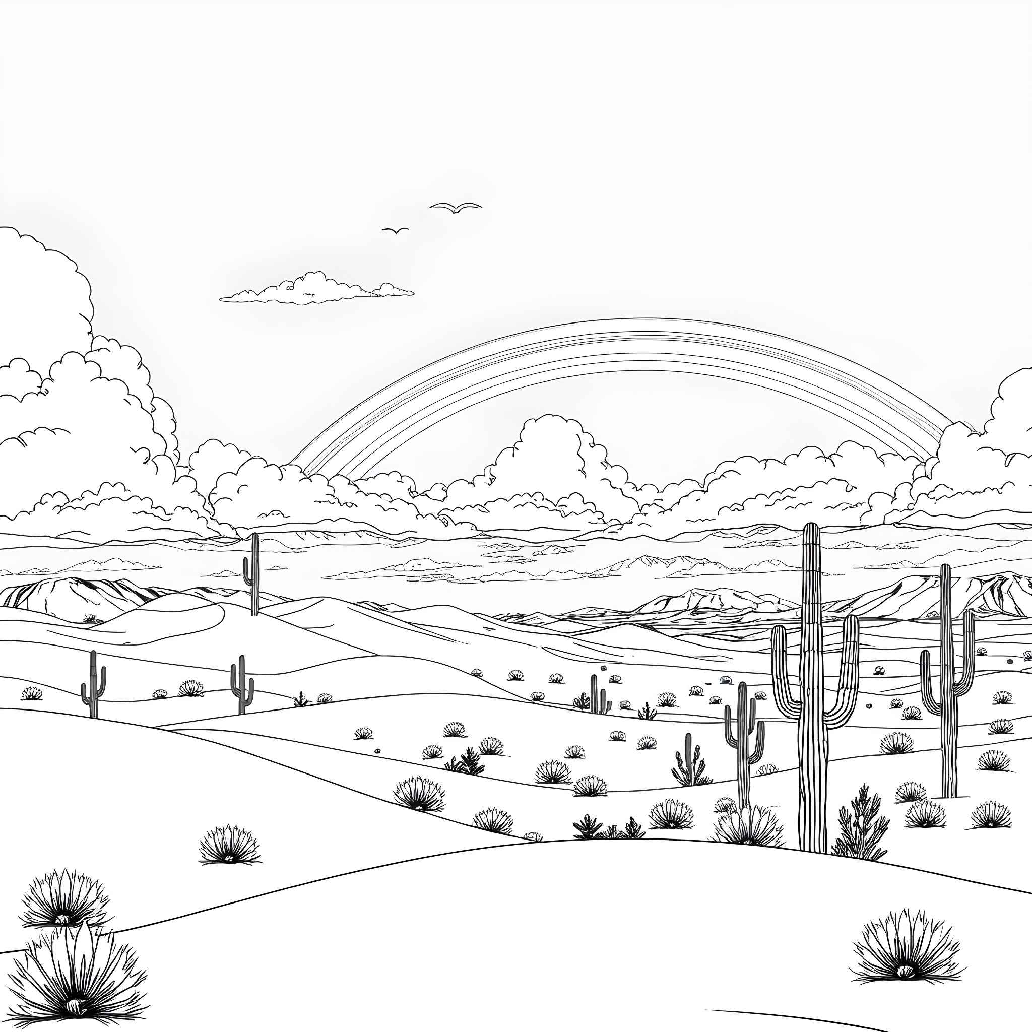 Desert landscape with cacti and rainbow Coloring Page (free black-and-white line drawing printable PDF for all, from beginners to advanced learners, including children, teens, adults, and seniors)