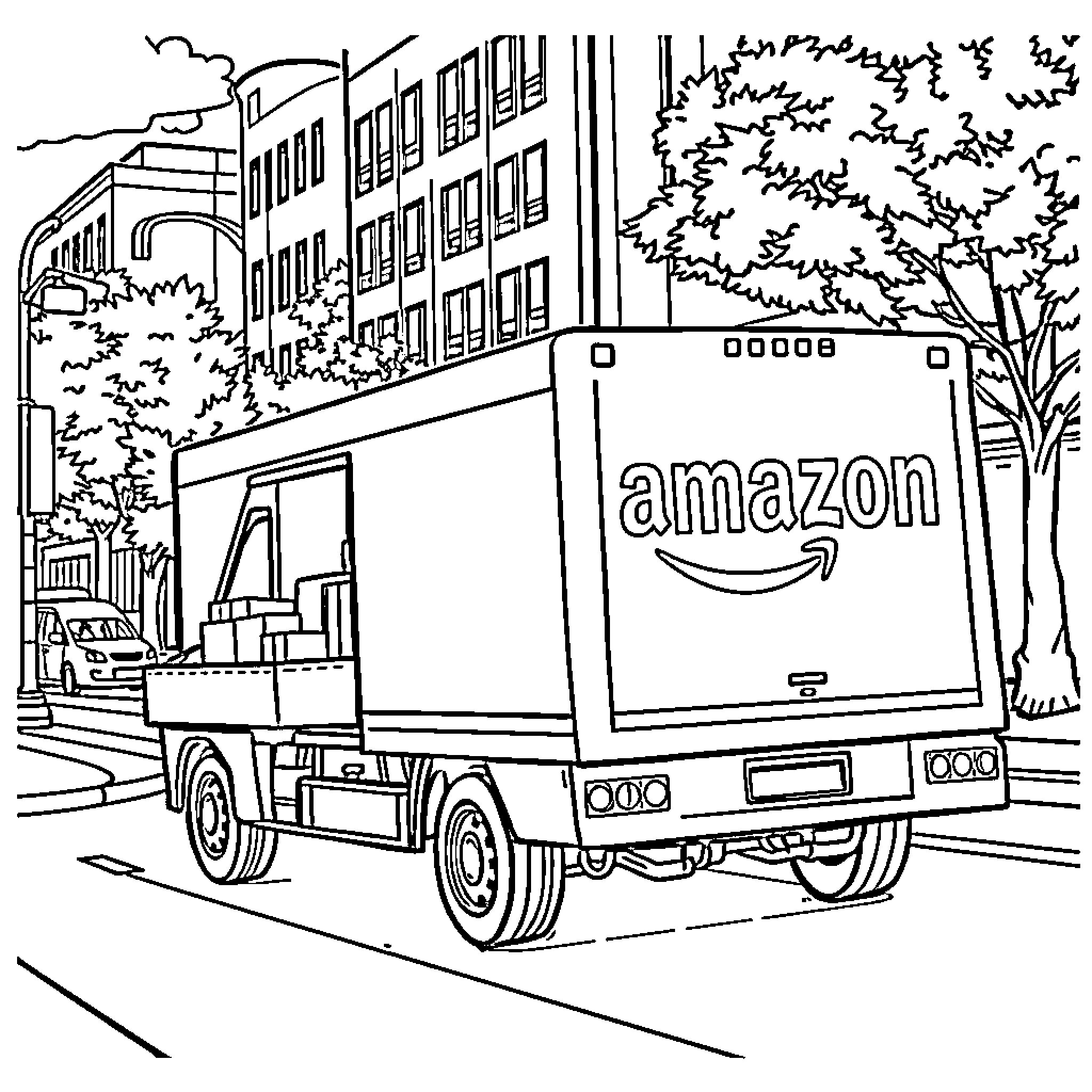 Truck delivering goods to urban building Coloring Page (free black-and-white line drawing printable PDF for all, from beginners to advanced learners, including children, teens, adults, and seniors)