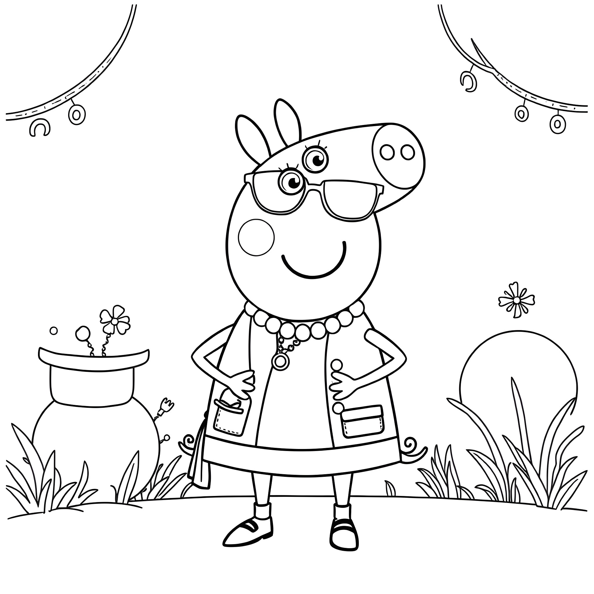 Peppa Pig in a whimsical garden setting Coloring Page (free black-and-white line drawing printable PDF for all, from beginners to advanced learners, including children, teens, adults, and seniors)