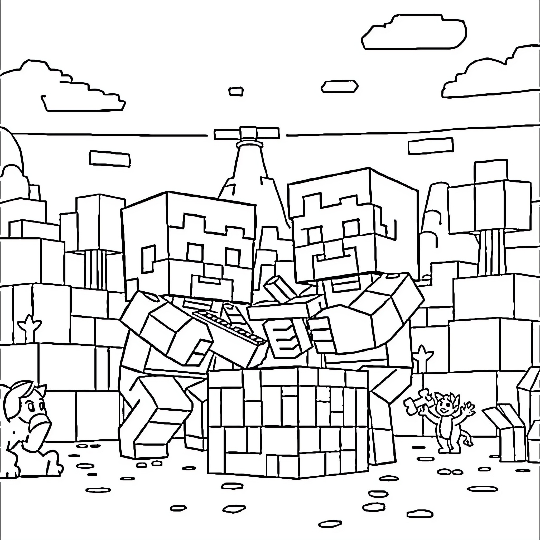 Chip's Chaotic City Landscape Coloring Page (free black-and-white line drawing printable PDF for all, from beginners to advanced learners, including children, teens, adults, and seniors)