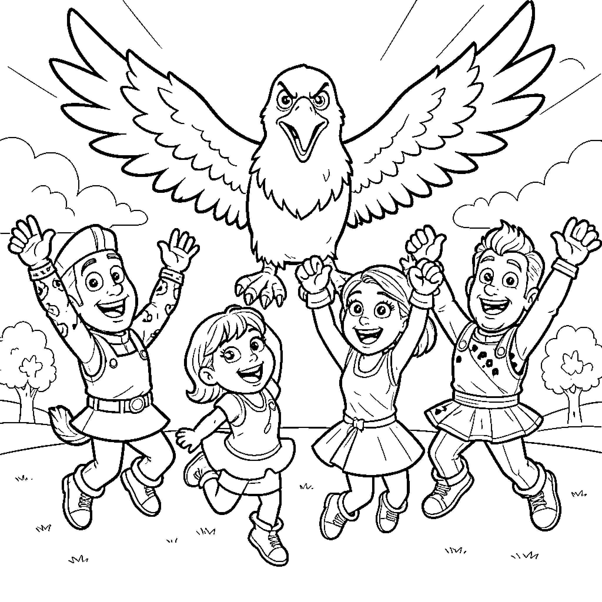 Toy Story characters jumping joyfully under a flying bird Coloring Page (free black-and-white line drawing printable PDF for all, from beginners to advanced learners, including children, teens, adults, and seniors)