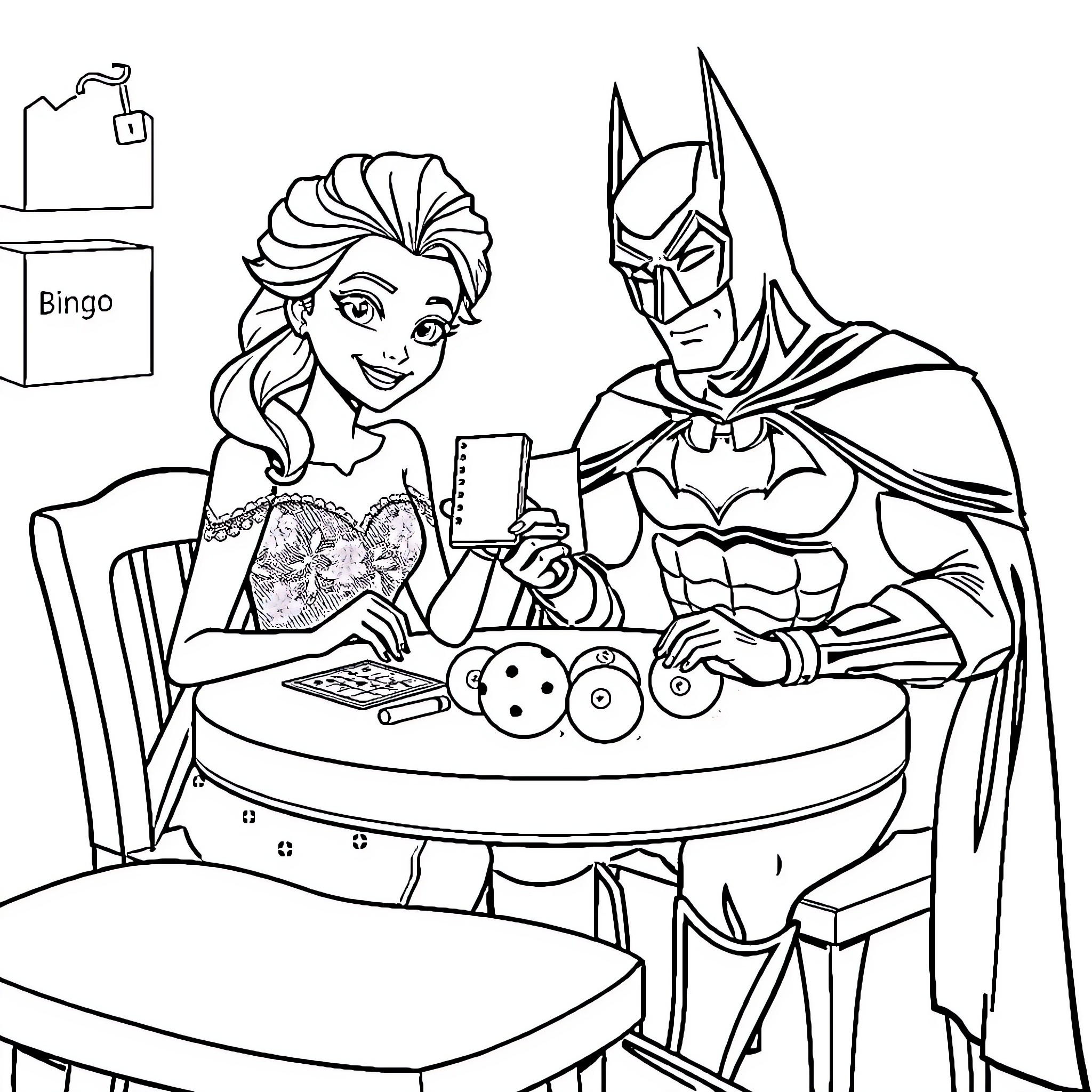 Elsa and Batman playing Bingo together Coloring Page (free black-and-white line drawing printable PDF for all, from beginners to advanced learners, including children, teens, adults, and seniors)